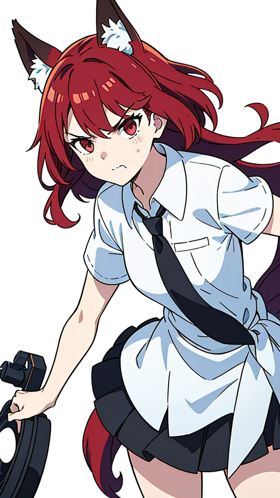 1girl ,20s,angry face,white shirt,short sleeves,(black standard tie),white school skirt,(red hair),long hair,fox ears,(white background, line drawing),night, cityscape, white background