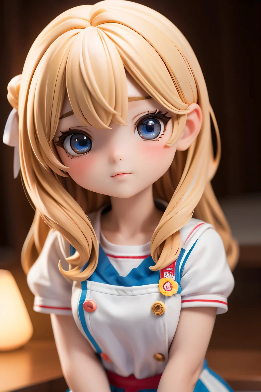 Chibi Girl Doll、Wearing a fast-food restaurant uniform、Very detailed、Ultra-realistic、Photorealistic、8K、Hyperrealistic、masterpiece、Beautiful detailed eyes、Beautiful detailed lips、Very detailedな顔、Long eyelashes、Beautiful young girl、Calm expression、Warm colors、Beautiful lighting、Cinematic、Intricate details、Bright colors、Soft Focus、Depth of written boundary