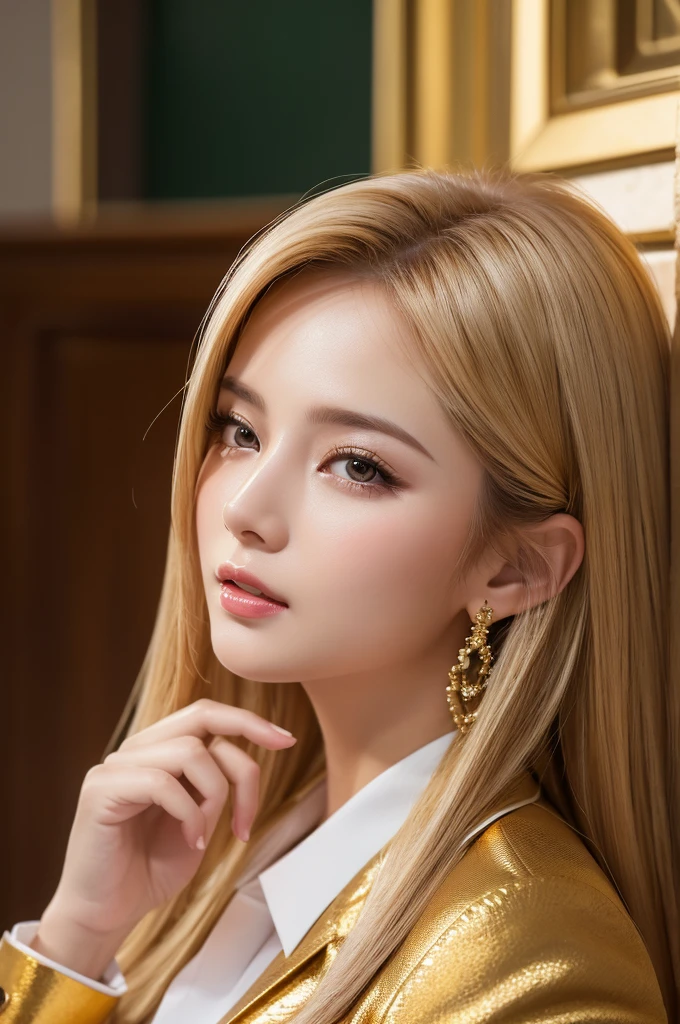 (8k, RAW photo, best quality, masterpiece:1.2), (realistic, photo-realistic:1.4), (extremely detailed 8k wallpaper), ,((beautiful hostess girl)), (Gold hair),(wearing various suit),fair skin,best quality,clear face,ultra