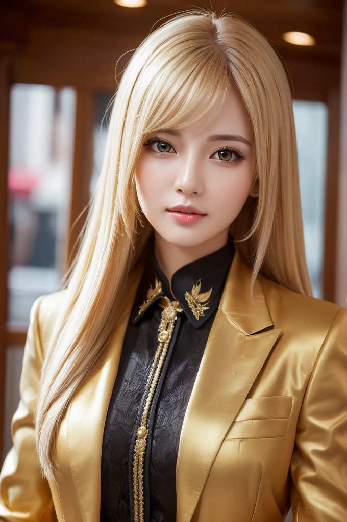 (8k, RAW photo, best quality, masterpiece:1.2), (realistic, photo-realistic:1.4), (extremely detailed 8k wallpaper), ,((beautiful hostess girl)), (Gold hair),(wearing various suit),fair skin,best quality,clear face,ultra