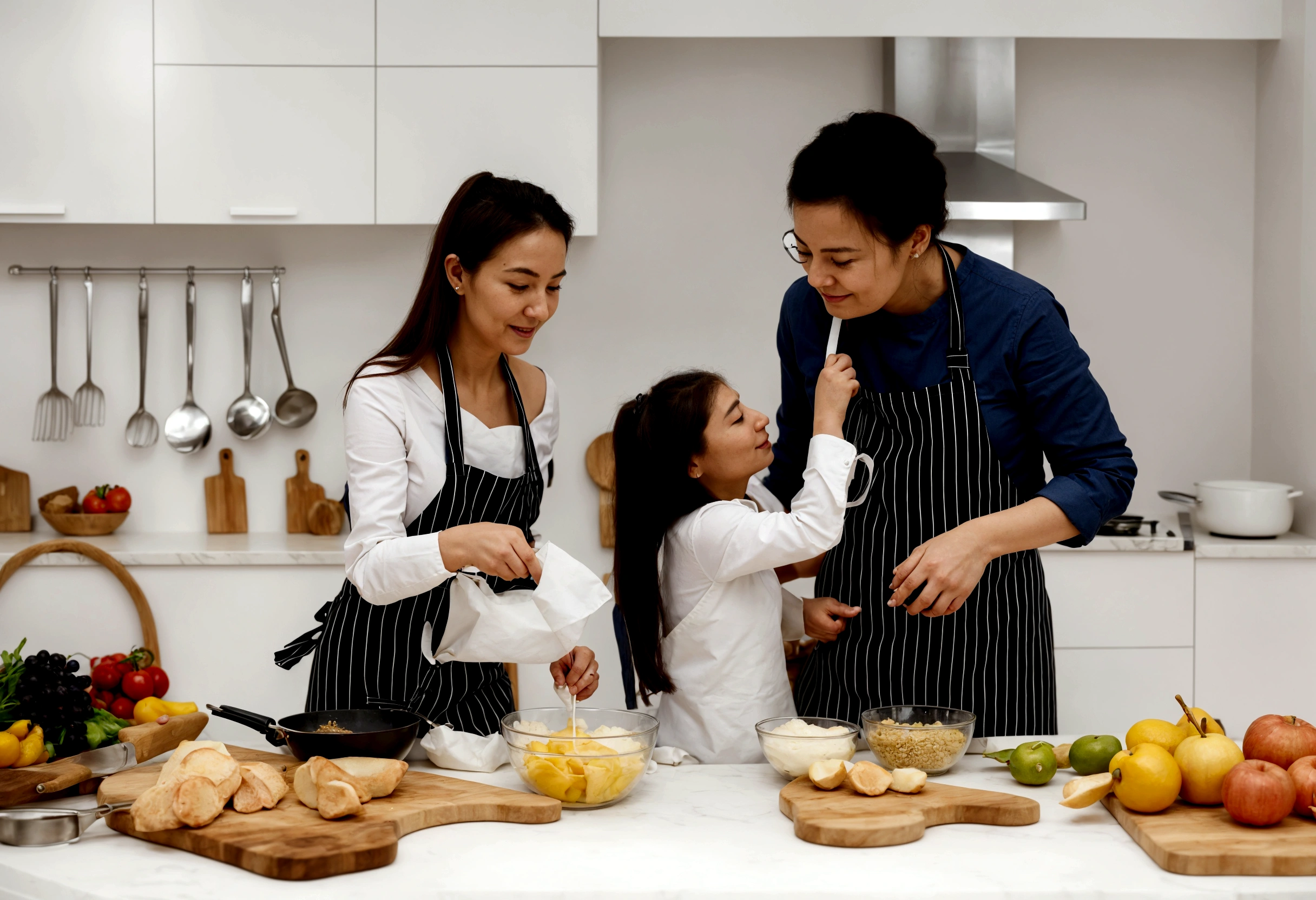 araffes and a woman and a are In the kitchen, cooking, Wearing an apron, In the kitchen里, photo, lifestyle, gourmet food, In the kitchen, French, , cooking show, happy , Husband, wife, daughter,, European, shutter, healthy, photography, 营销photo, Mixed Art, Warm and convivial atmosphere