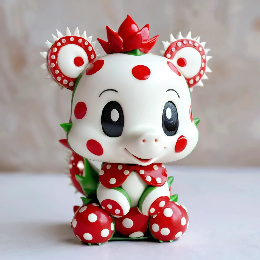 a very pretty face, red eyes, wear intricate sculpture body with swirly pattern, collar-spike, background, red and white polka dot, drippy swirly sculpture,