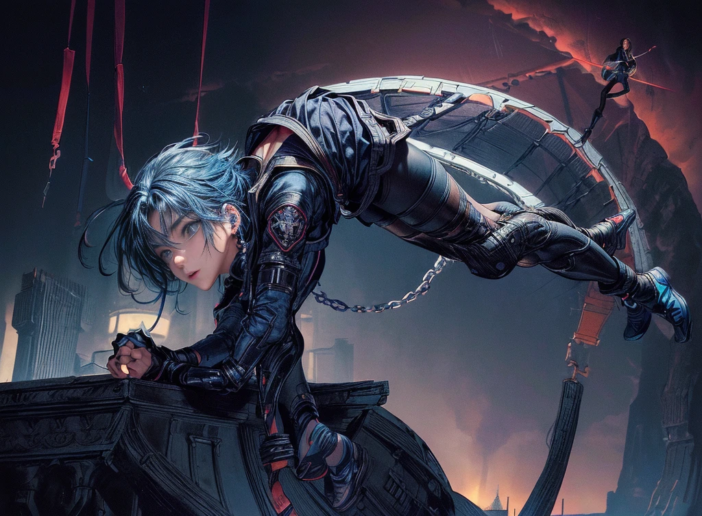 Cinema Lighting、Highly detailed skin,1 Girl, Highest quality,cyber punk,(Dim color, Calm tone:1.3),(Beautiful 20 year old woman、Beautiful facial features down to the last detail、Medium blue hair、Shoulder-length hair、blue eyes、rosary necklace)break,break、Wear a black Cybertech short jacket on top、(Black Sailor Suit、Pleated skirt in navy color、black tights、Black tech sneakers)break.(Make an acrobatic jump、The body is floating:1.5)、Highly detailed and complete human anatomy、(Downward facing face、Look at this、Very low angle:1.3)Angle looking up from the ground、Jumping、Angle of sky as seen from ground、Center of cyber punk style buildings、In a completely different expression