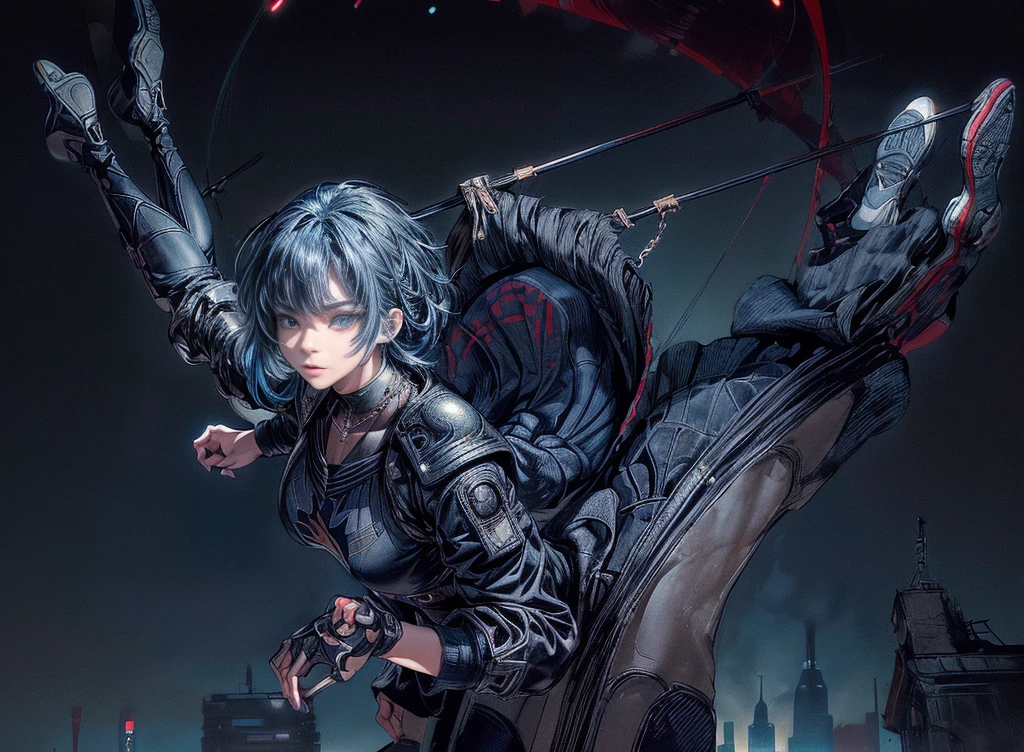 Cinema Lighting、Highly detailed skin,1 Girl, Highest quality,cyber punk,(Dim color, Calm tone:1.3),(Beautiful 20 year old woman、Beautiful facial features down to the last detail、Medium blue hair、Shoulder-length hair、blue eyes、rosary necklace)break,break、Wear a black Cybertech short jacket on top、(Black Sailor Suit、Pleated skirt in navy color、black tights、Black tech sneakers)break.(Make an acrobatic jump、The body is floating:1.5)、Highly detailed and complete human anatomy、(Downward facing face、Look at this、Very low angle:1.3)Angle looking up from the ground、Jumping、Angle of sky as seen from ground、Center of cyber punk style buildings、In a completely different expression