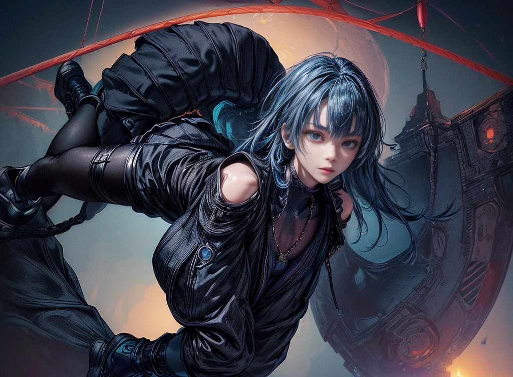 Cinema Lighting、Highly detailed skin,1 Girl, Highest quality,cyber punk,(Dim color, Calm tone:1.3),(Beautiful 20 year old woman、Beautiful facial features down to the last detail、Medium blue hair、Shoulder-length hair、blue eyes、rosary necklace)break,break、Wear a black Cybertech short jacket on top、(Black Sailor Suit、Pleated skirt in navy color、black tights、Black tech sneakers)break.(Make an acrobatic jump、The body is floating:1.5)、Highly detailed and complete human anatomy、(Downward facing face、Look at this、Very low angle:1.3)Angle looking up from the ground、Jumping、Angle of sky as seen from ground、Center of cyber punk style buildings、In a completely different expression