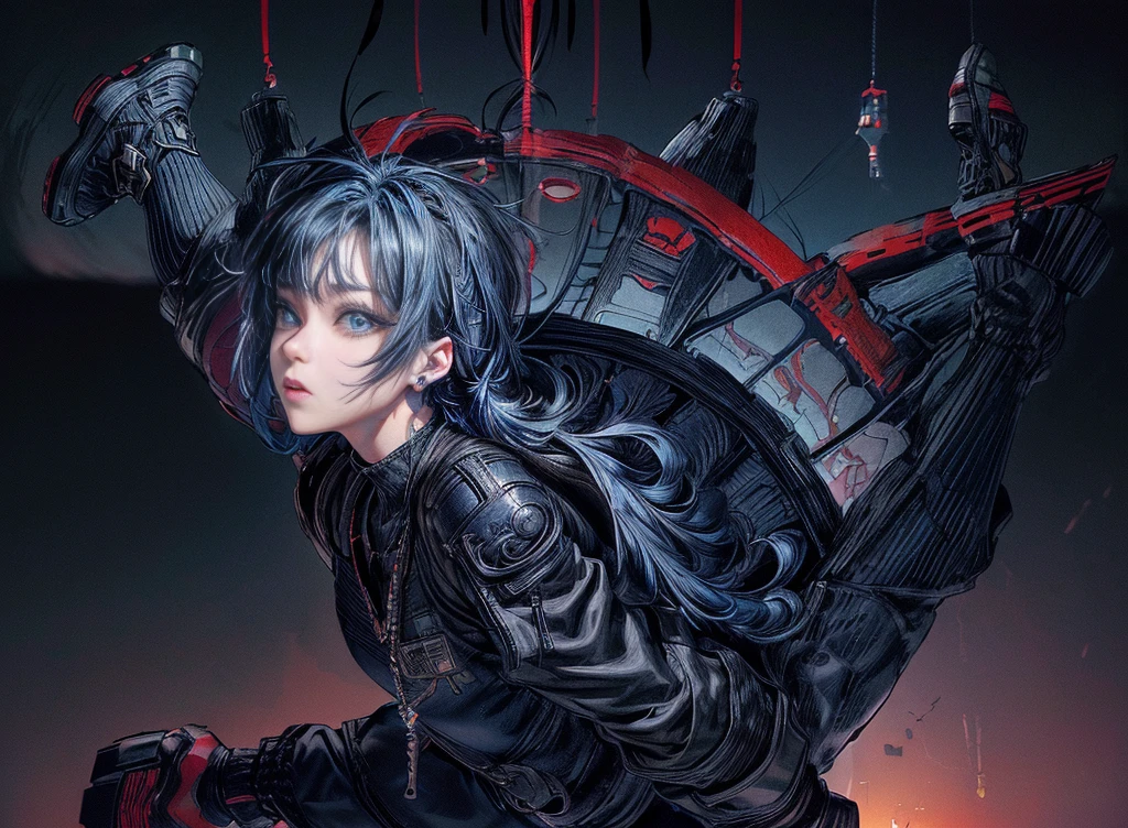 Cinema Lighting、Highly detailed skin,1 Girl, Highest quality,cyber punk,(Dim color, Calm tone:1.3),(Beautiful 20 year old woman、Beautiful facial features down to the last detail、Medium blue hair、Shoulder-length hair、blue eyes、rosary necklace)break,break、Wear a black Cybertech short jacket on top、(Black Sailor Suit、Pleated skirt in navy color、black tights、Black tech sneakers)break.(Make an acrobatic jump、The body is floating:1.5)、Highly detailed and complete human anatomy、(Downward facing face、Look at this、Very low angle:1.3)Angle looking up from the ground、Jumping、Angle of sky as seen from ground、Center of cyber punk style buildings、In a completely different expression