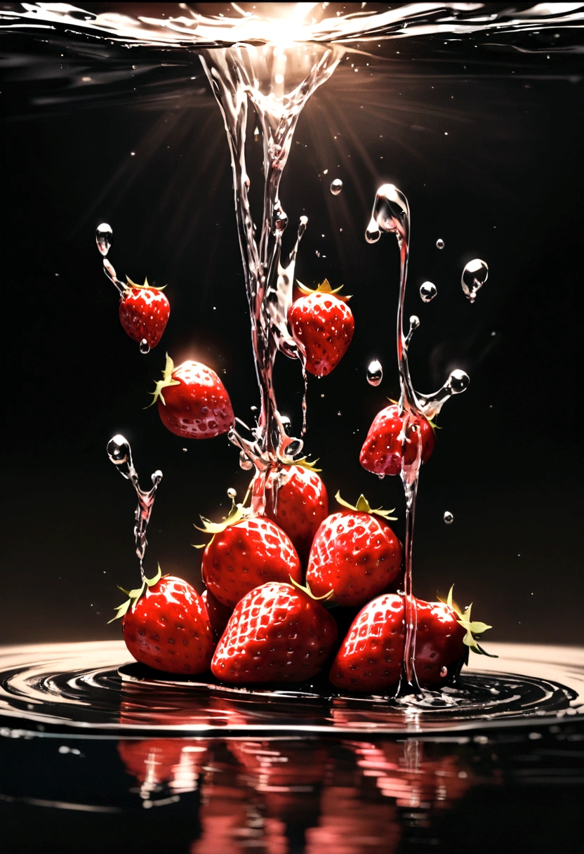 Cinematic RAW Photos,Ultra-realistic photos,Ultra-realistic photos,Digital SLR,Soft lighting,Product photo of five strawberries falling into water、Dripping、Splashing clear liquid、Water flower,Dynamic Composition Star Part) (Highest quality) (be familiar with) (Cinema Lighting) (Sharp focus) (Complex), Master Parts, Highest quality, Ultra-high resolution, 8K Ultra HD