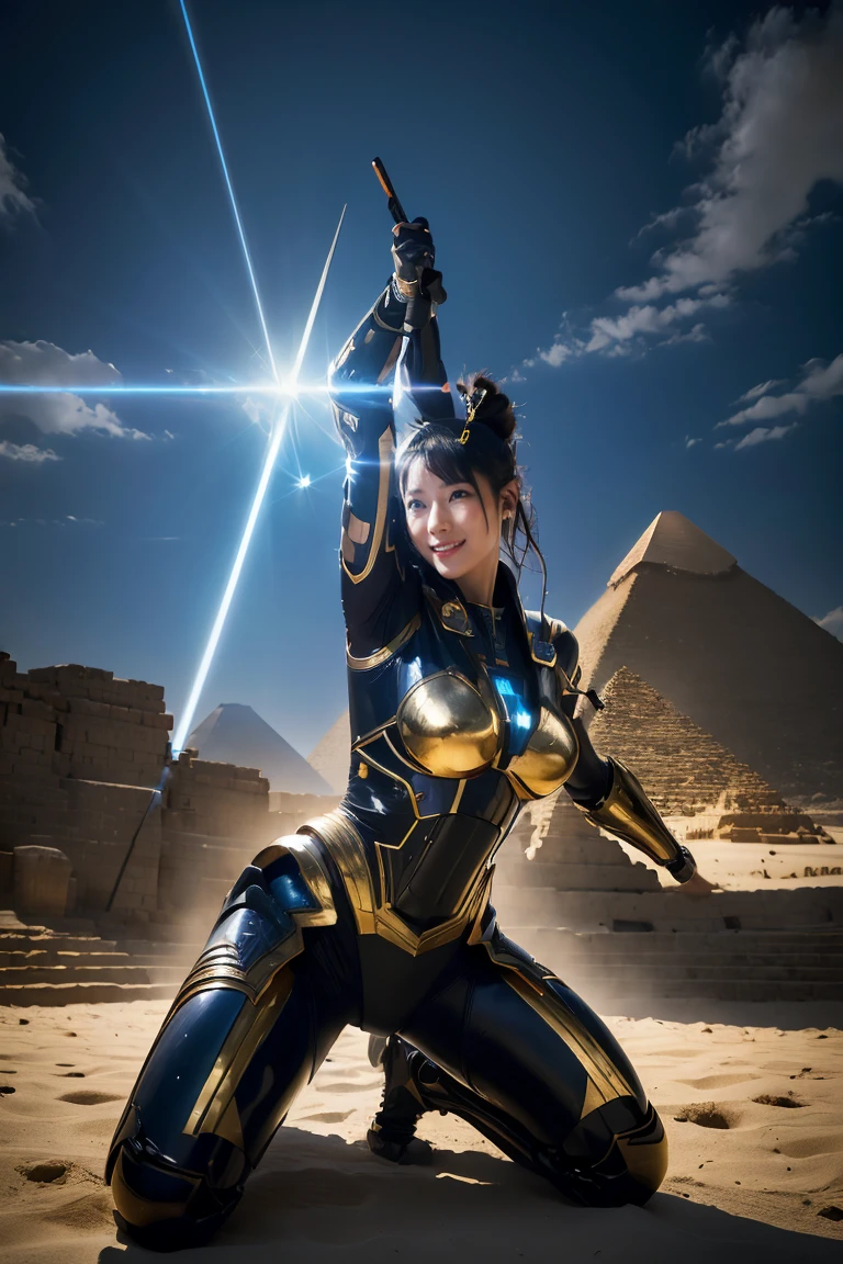 ((Highest quality、、masterpiece:1.3))、Realistic, Sharp focus, High resolution, High resolution, Portraiture, One person, woman, beautiful woman, (((Action pose)))、Ancient Egypt、Cyber Battlesuit、Complex technology, pyramid、Ancient Egypt都市、Light and shadow、Lots of laser light、smile、