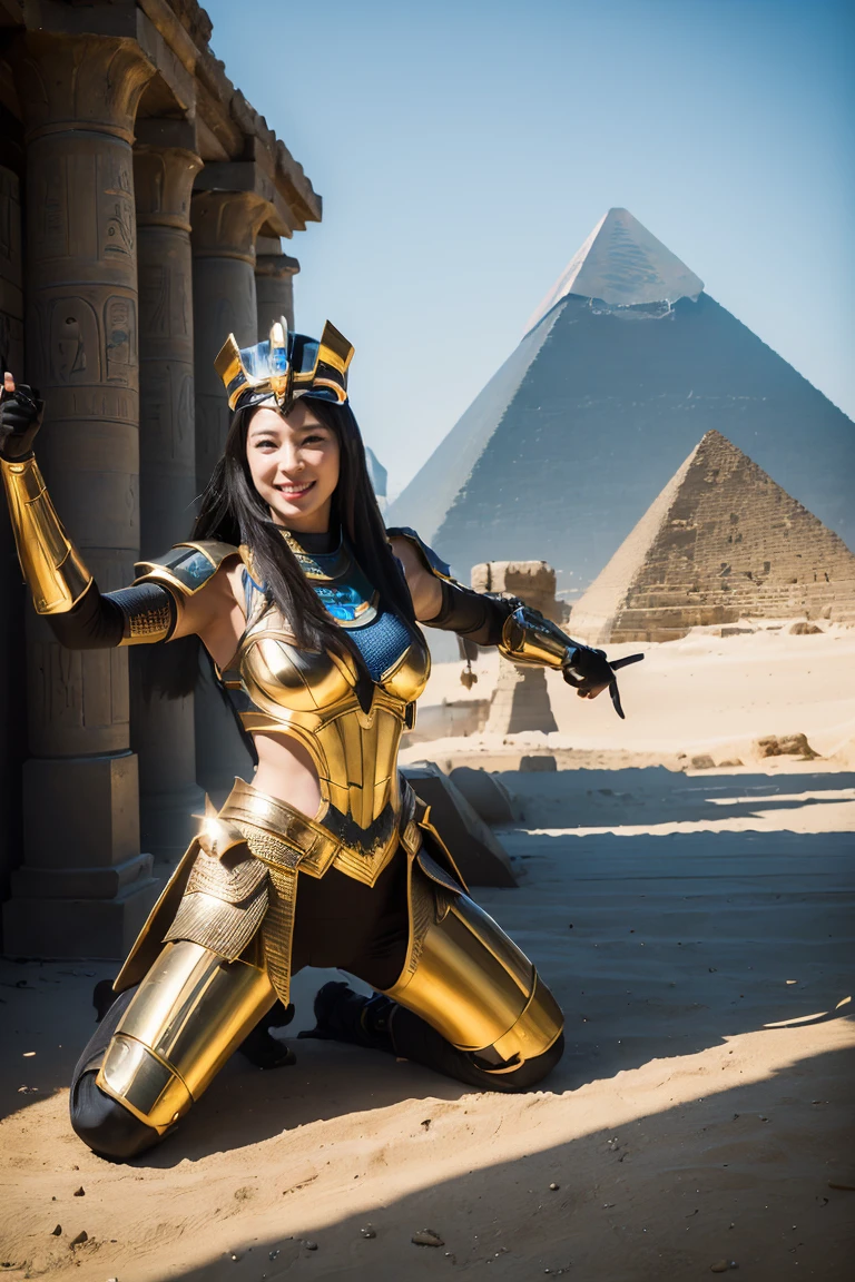 ((Highest quality、、masterpiece:1.3))、Realistic, Sharp focus, High resolution, High resolution, Portraiture, One person, woman, beautiful woman, (((Action pose)))、Ancient Egypt、Cyber Battlesuit、Complex technology, pyramid、Ancient Egypt都市、Light and shadow、Lots of laser light、smile、