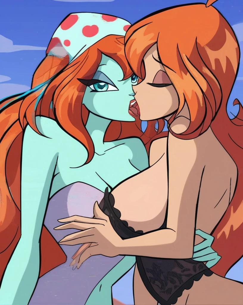 bl_oom, 2 girls, ginger hair, blue eyes, looking at viewer, smiling, open mouth, black makeup, black corset, lingerie, strapless, naked big Breasts, naked shoulders, french kissing, making out, lesbians, kissing, simple background, portrait, head to stomach shot, (extreme detail 2.0), perfect body, score_9, score_8_up, score_7_up,