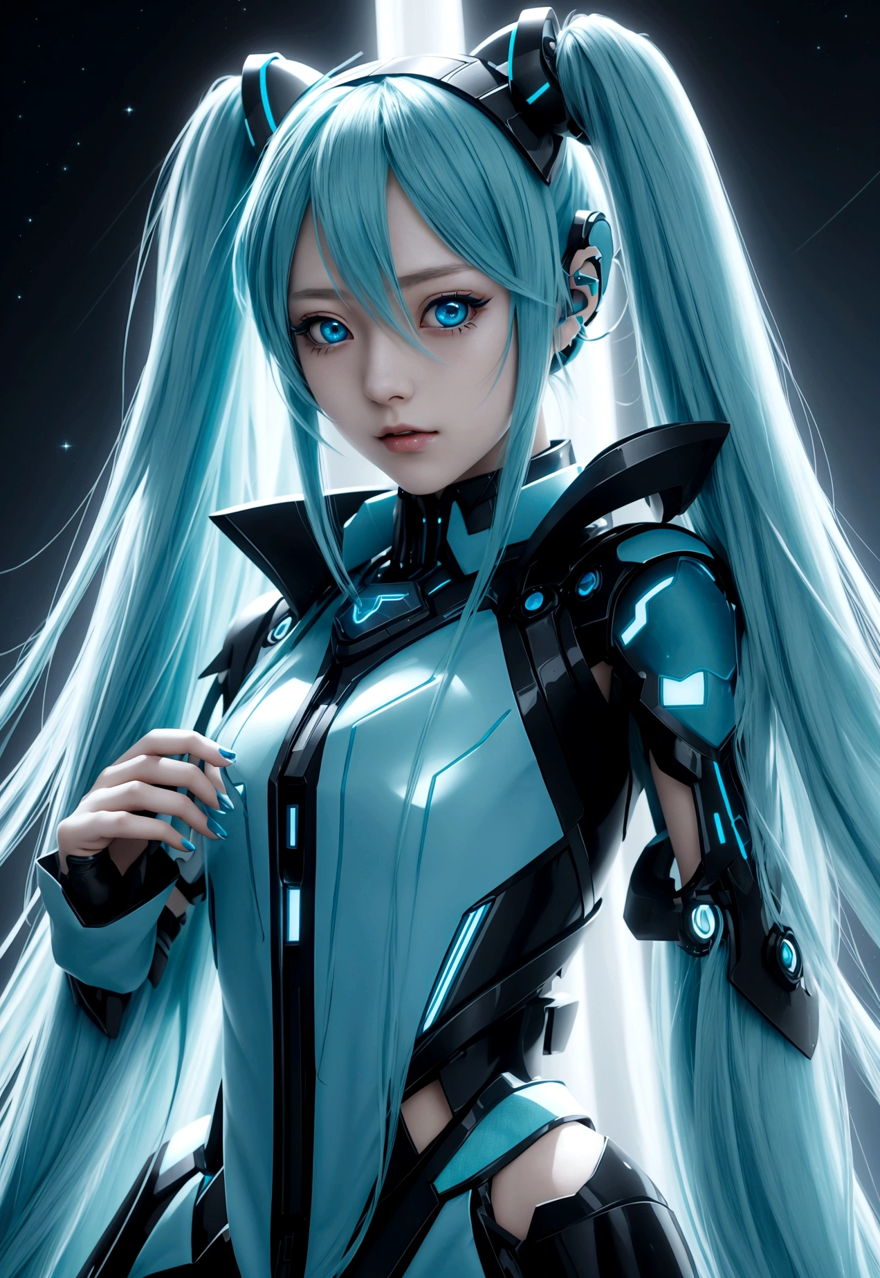 Miku Hatsune waifu, Blue long hair, with futuristic electronic clothing, blue starry eyes, hatsune miku, very delicate looking like a kpop idol