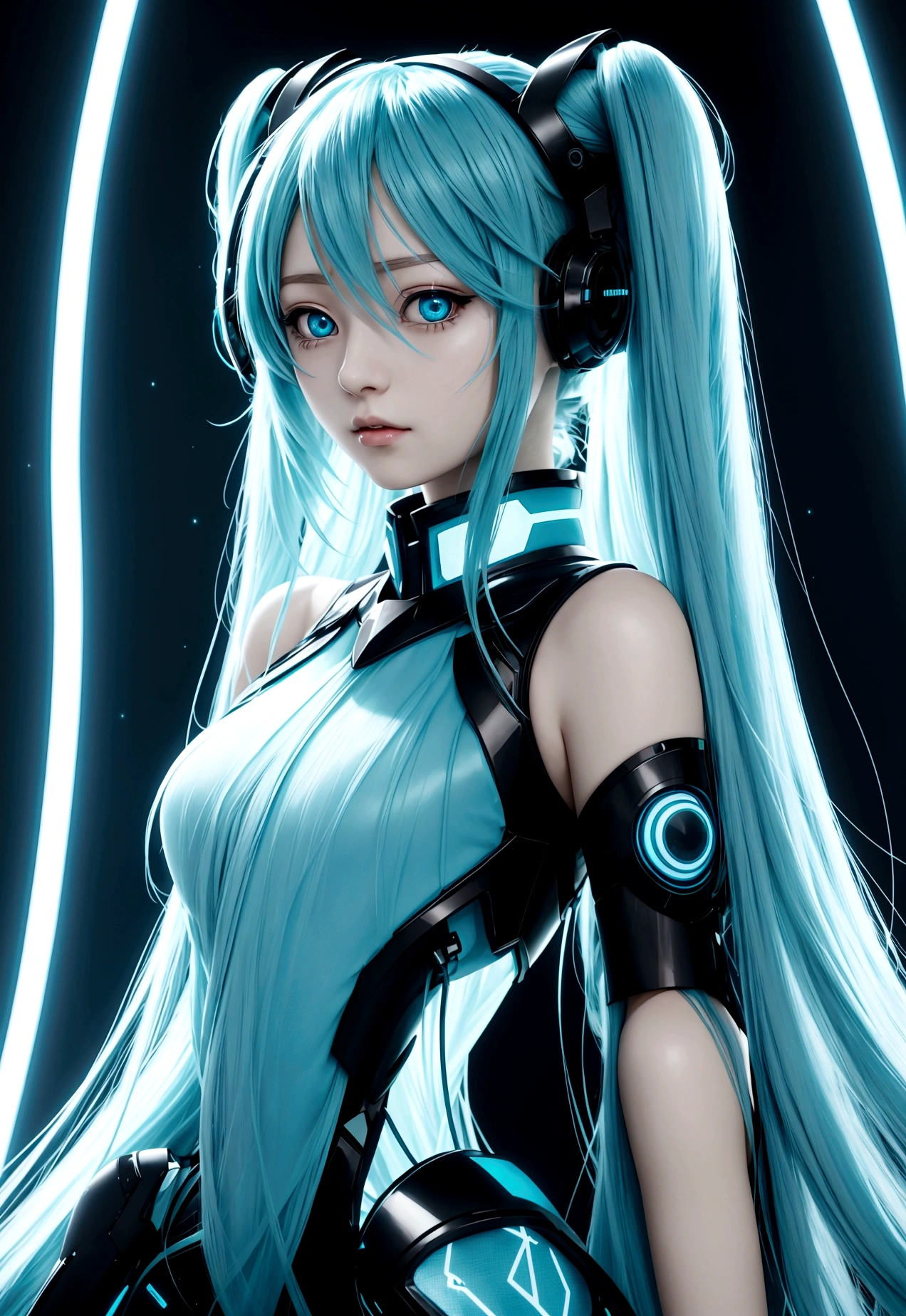 Miku Hatsune waifu, Blue long hair, with futuristic electronic clothing, blue starry eyes, hatsune miku, very delicate looking like a kpop idol