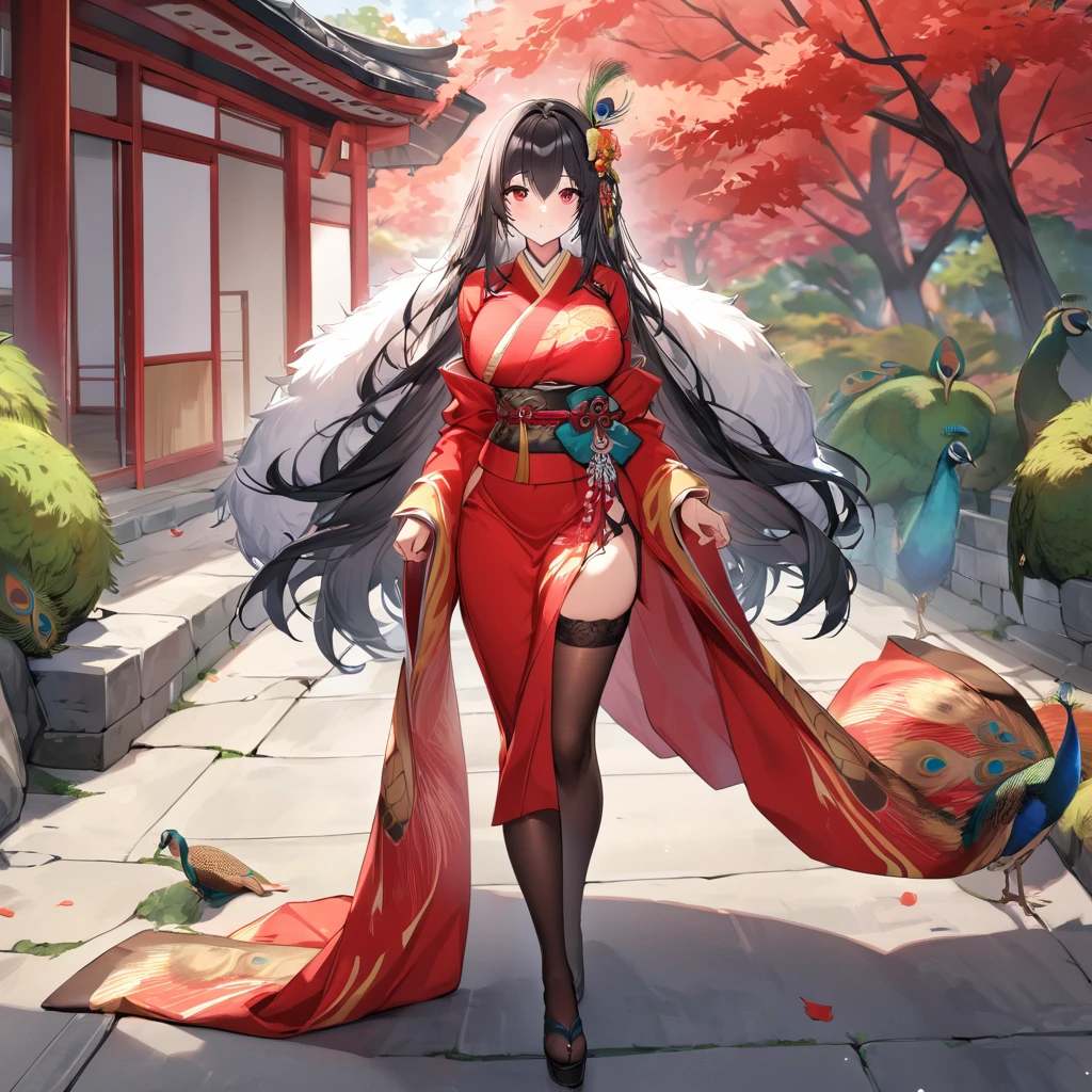 A woman wearing a red kimono with yellow details on long sleeves, peacock designs on the kimono, peacock feathers on the kimono, long brown stockings, black hair, long hair, golden peacock feather in her hair, red eyes, walking on a concrete sidewalk of a Japanese garden, with peacocks around, white fur cape, big breasts,(solo woman),.HDR, ultra resolution, well defined, masterpiece, 8K HD. (solo woman)
