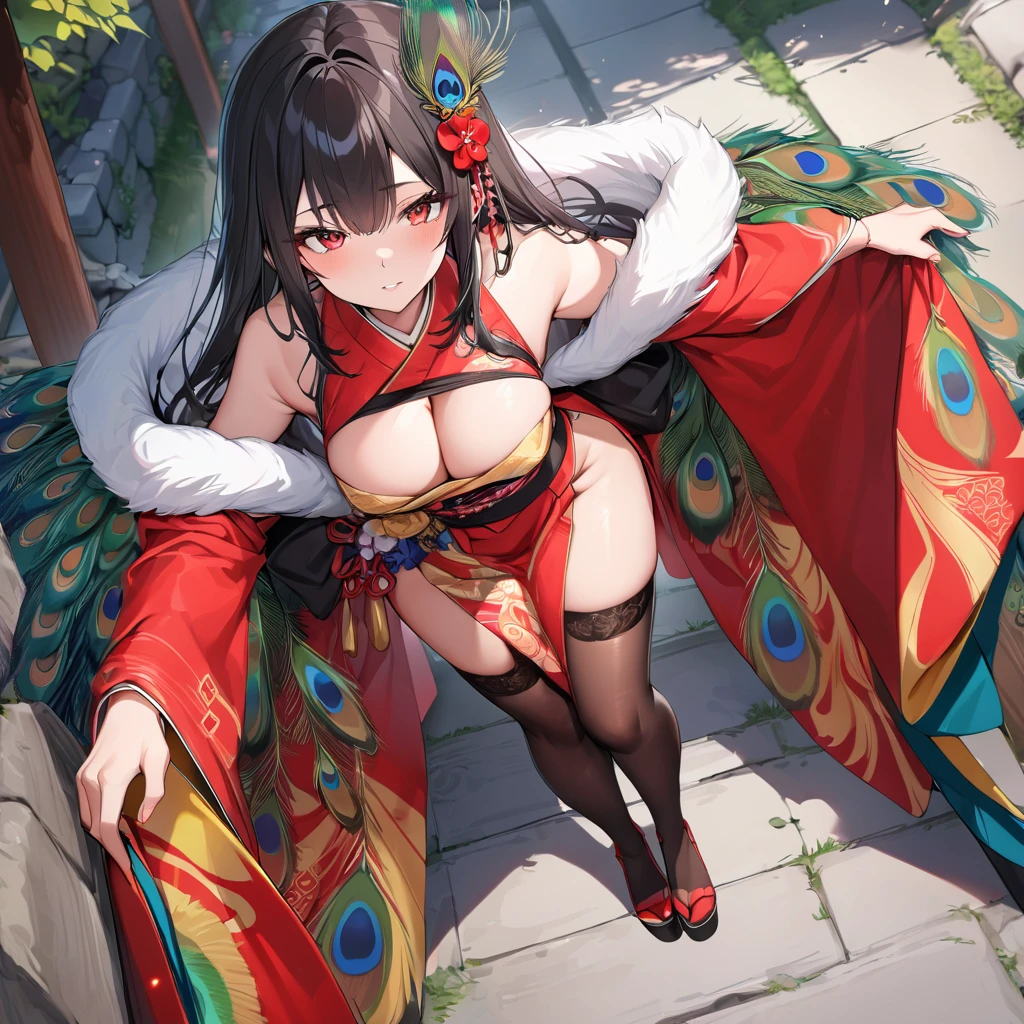 A woman wearing a red kimono with yellow details on long sleeves, peacock designs on the kimono, peacock feathers on the kimono, long brown stockings, black hair, long hair, golden peacock feather in her hair, red eyes, walking on a concrete sidewalk of a Japanese garden, with peacocks around, white fur cape, big breasts,(solo woman),.HDR, ultra resolution, well defined, masterpiece, 8K HD. (solo woman)
