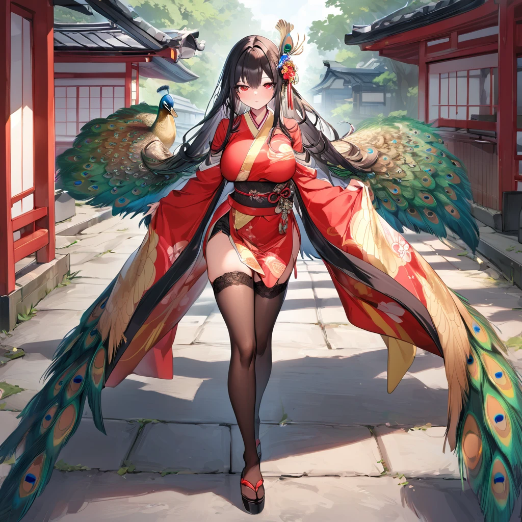 A woman wearing a red kimono with yellow details on long sleeves, peacock designs on the kimono, peacock feathers on the kimono, long brown stockings, black hair, long hair, golden peacock feather in her hair, red eyes, walking on a concrete sidewalk of a Japanese garden, with peacocks around, white fur cape, big breasts,(solo woman),.HDR, ultra resolution, well defined, masterpiece, 8K HD. (solo woman)