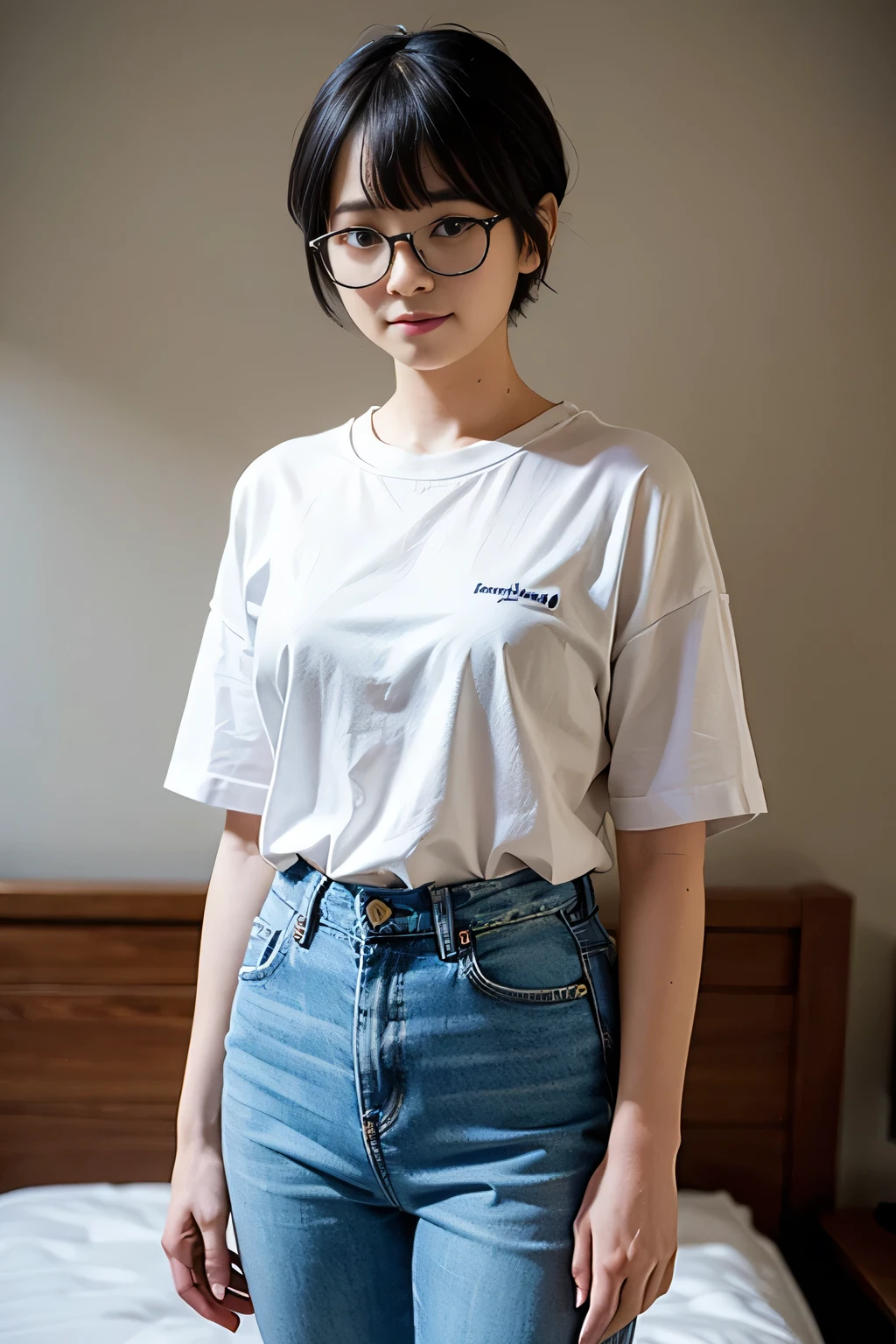 medium shot, ((white T-shirt and blue denim jeans)), japanese lady, pale skin, droopy eyes, 21 year old,(Black short bowl cut hair with blunt bangs:1.3),((standing)), high quality:1.3, shoot from below,Professional lighting:2.0 realistic:1.2,(cinematic lighting), 4k resolution, detailed skin, masterpiece:1.1, ((in bedroom)), (lovehotel), scenery, japan,(smile:1.3),(Black cell frame glasses:1.3),(nipples poking through clothes),