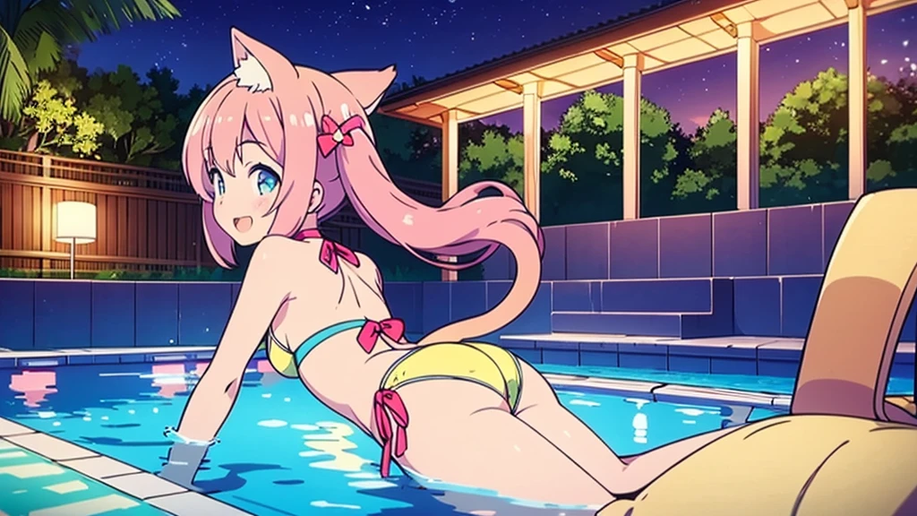 Masterpiece, Best Quality, extremely detailed, cheered up, Cat ears girl ,night pool,high waist bikini,SMILE,:d,action,ass focus
