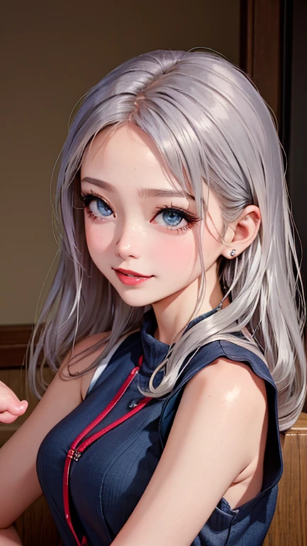 blush a little and smile, (Top quality masterpiece:1.2) Delicate illustrations, Very detailed, /Beautiful Japanese Women、1 person,Very cute and slim、Great style 、((8K images、super high quality))、Very delicate face, Skin and Hair、beautifule forehead、Red lipstick、(((((Mid-length hair、Silver Hair))))),Very cute Japanese cut face、Eyes and nose are clearly visible、Kind eyes,((((Sleeveless fashion))))