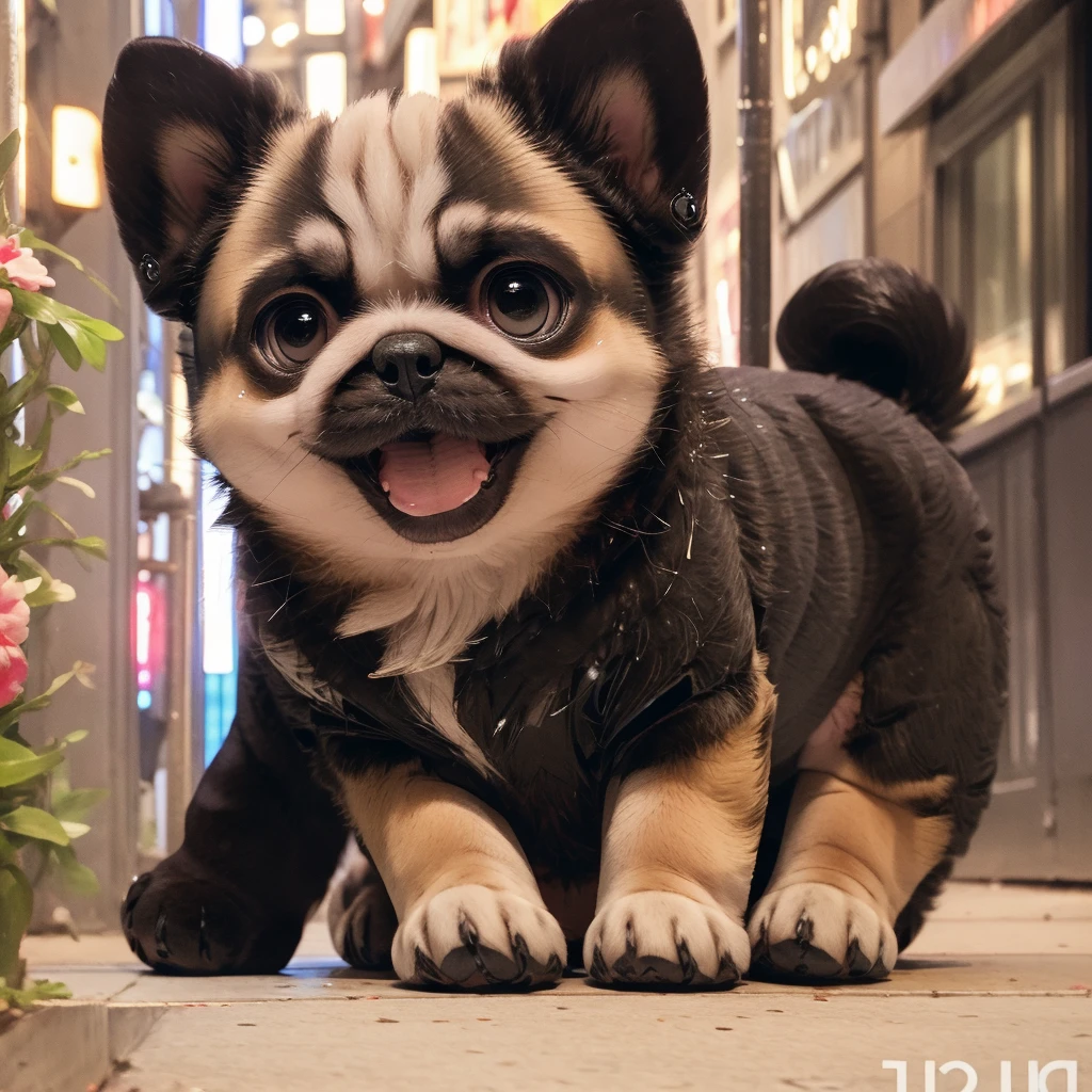 In the city、1 Pug puppy、（（（Round black fur on forehead）））、（（（smile:3.0）））