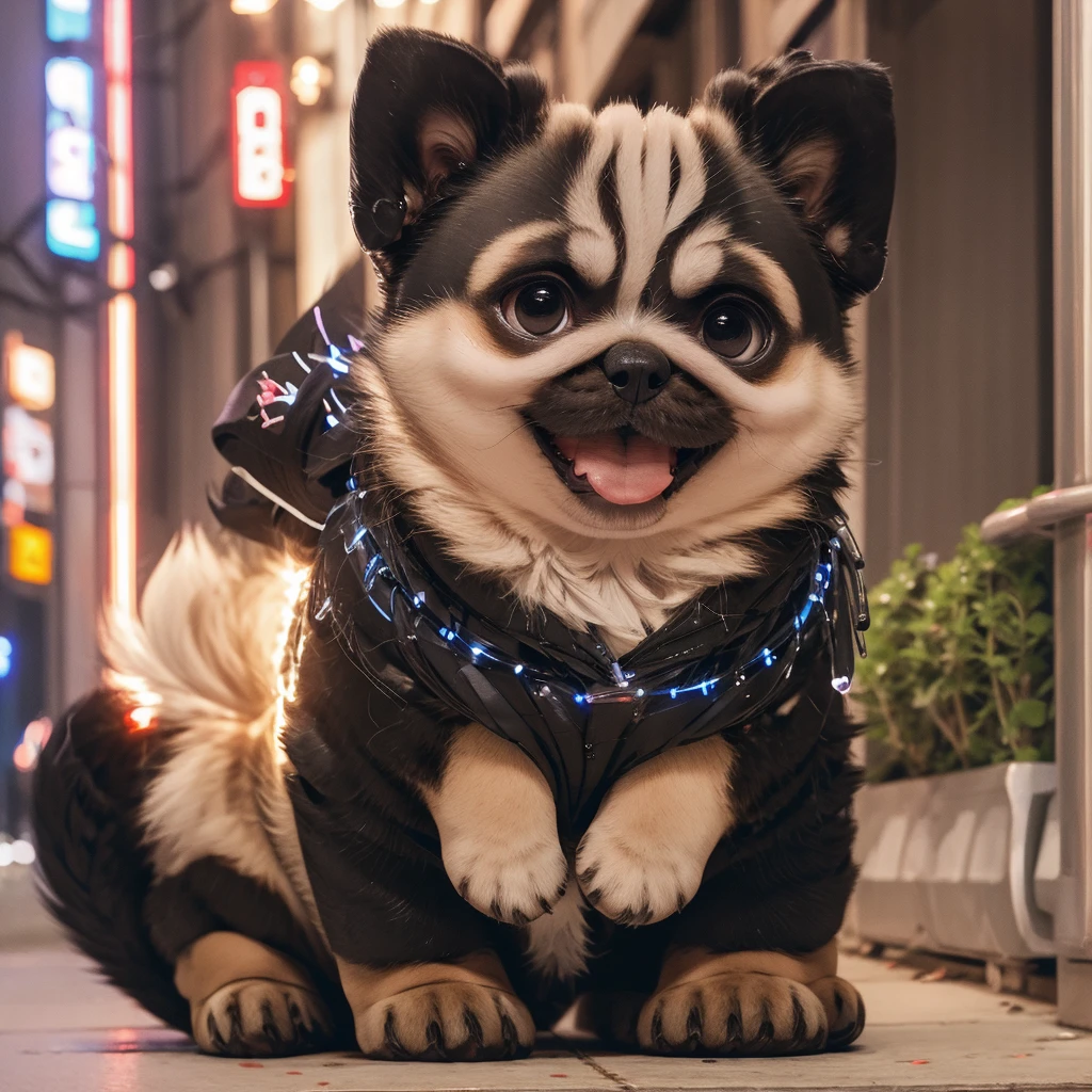 In the city、1 Pug puppy、（（（Round black fur on forehead）））、（（（smile:3.0）））