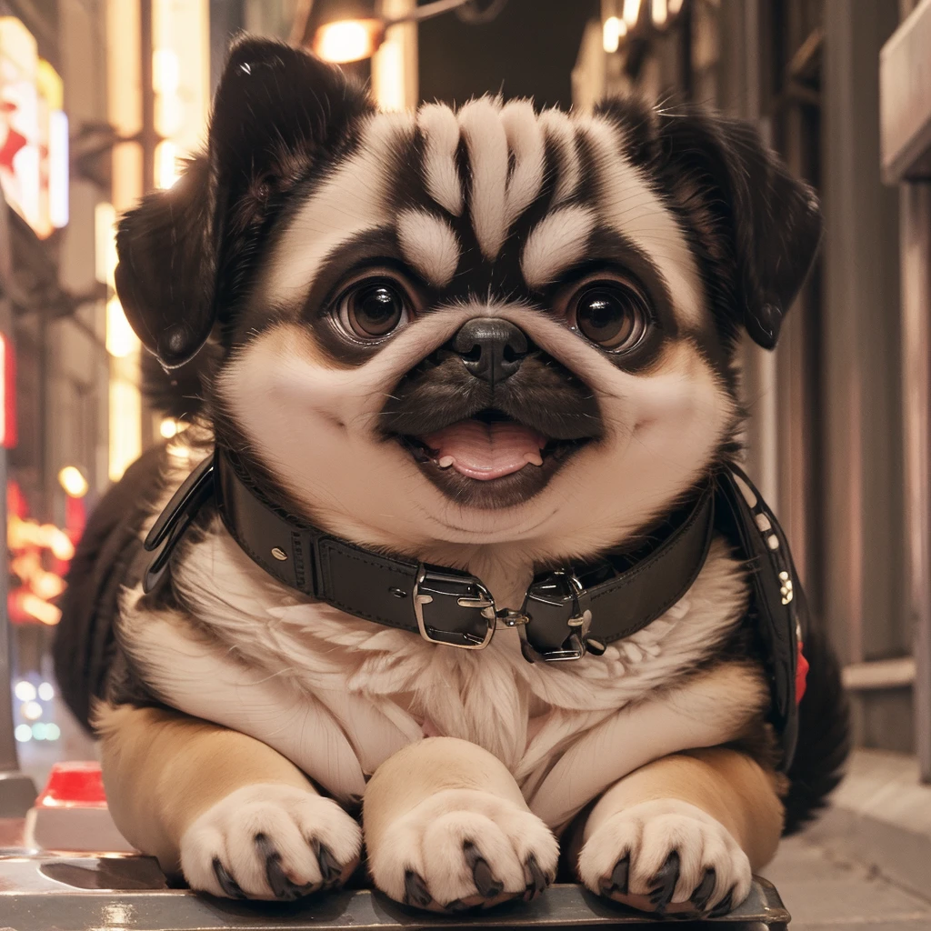 In the city、1 Pug puppy、（（（Round black fur on forehead）））、（（（smile:3.0）））