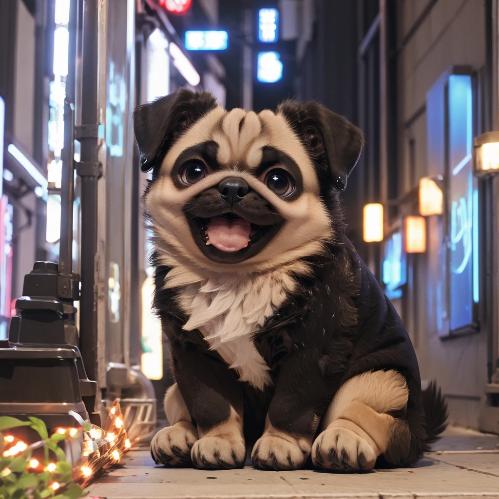 In the city、1 Pug puppy、（（（Round black fur on forehead）））、（（（smile:3.0）））