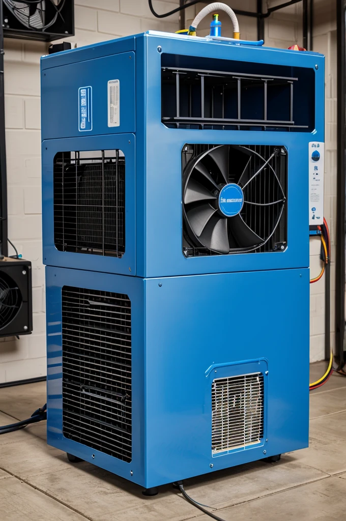 Make an 2d blueprint of an aircooler labeled with cooling fan, cooling motor, water pump, switch regulator, net, gallon as the body.