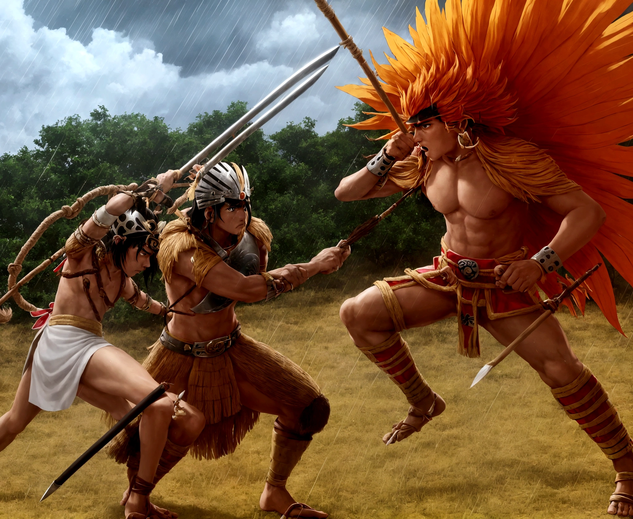 manga, toons, anime: battle between the AZTEC ARMY AND THE MAYAN ARMY, FIERCE BATTLE, HD, rain of atlatl crystal spears, bow and arrow, slings and blowguns, and for hand-to-hand combat they used spears, mallets and, probably , knives, lots of action and color