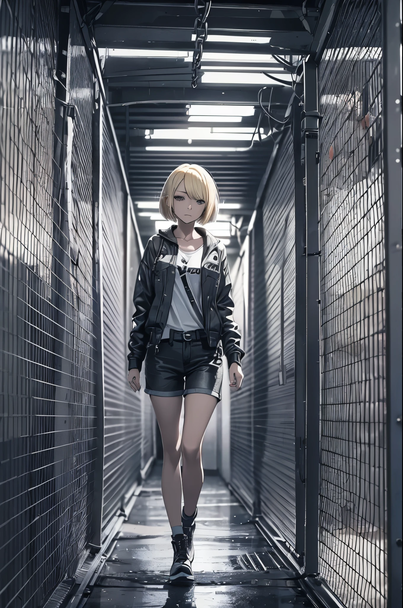 ((20-year-old woman,Blonde short bob hair,She is walking through an huge chain link fence in the Uneasy atmosphere world)),inside the monochrome world,There are monsters in the chain link fence,Uneasy atmosphere.
