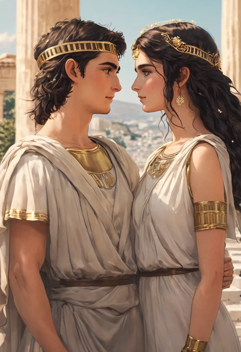 Show aa young 20 something couple in ancient Athens Greece males and females in detail,Bokeh/