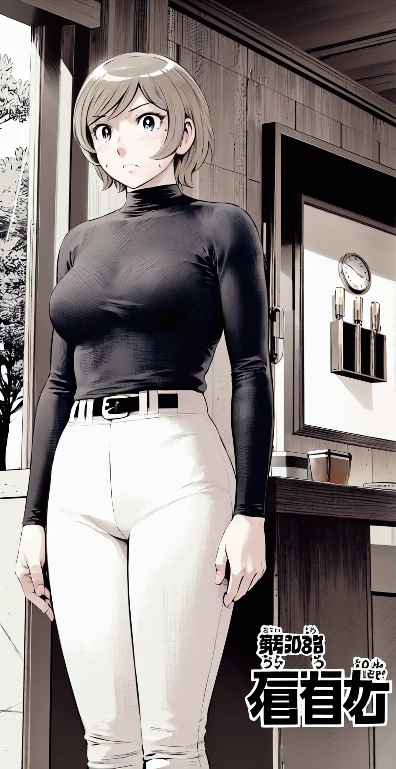 (野球uniform:1.2),
Blonde Hair, (short hair:1.2),Long sleeve, Black Shirt, turtleneck,White trousers、uniform、Black belt、((Illustration of people))、Big 、
View Audience,, (Highest quality:1.3),One Girl, White pants、uniform、indoor、baseball 、White wall、blue eyes、Tight black shirt、(masterpiece、Highest quality)、Highest quality, Ultra-high resolution, (((masterpiece))), alone, Sweat、Big eyes、Big Breasts、One Girl, Front view、Embarrassed face、Bronze colored hair、((short hair))、Stand up straight、Cowboy Shot