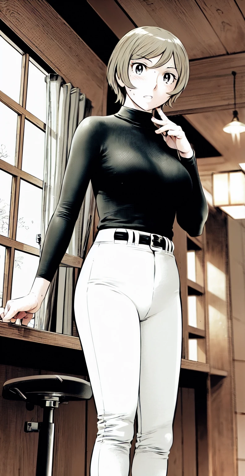 (野球uniform:1.2),
Blonde Hair, (short hair:1.2),Long sleeve, Black Shirt, turtleneck,White trousers、uniform、Black belt、((Illustration of people))、Big Boobs、
View Audience,, (Highest quality:1.3),One Girl, White pants、uniform、indoor、baseball 、White wall、blue eyes、Tight black shirt、(masterpiece、Highest quality)、Highest quality, Ultra-high resolution, (((masterpiece))), alone, Sweat、Big eyes、Big Breasts、One Girl, Front view、Embarrassed face、Bronze colored hair、((short hair))、Stand up straight、Cowboy Shot