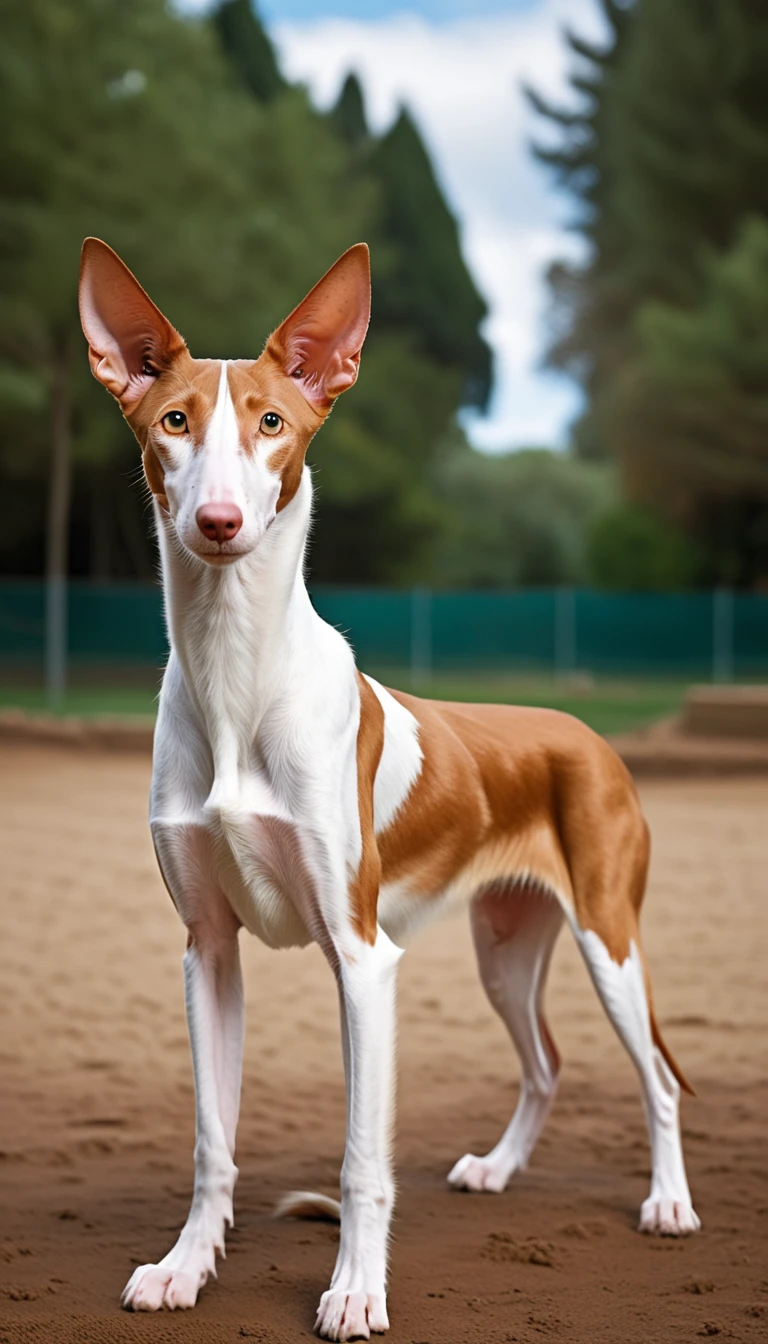 There is no one, realistic photo, photo realism, realism, id(Ibizan Hound), perfect composition, intricate details, Very sharp, masterpiece, profile, high resolution, looking at the viewer, Full body photo in the dog park