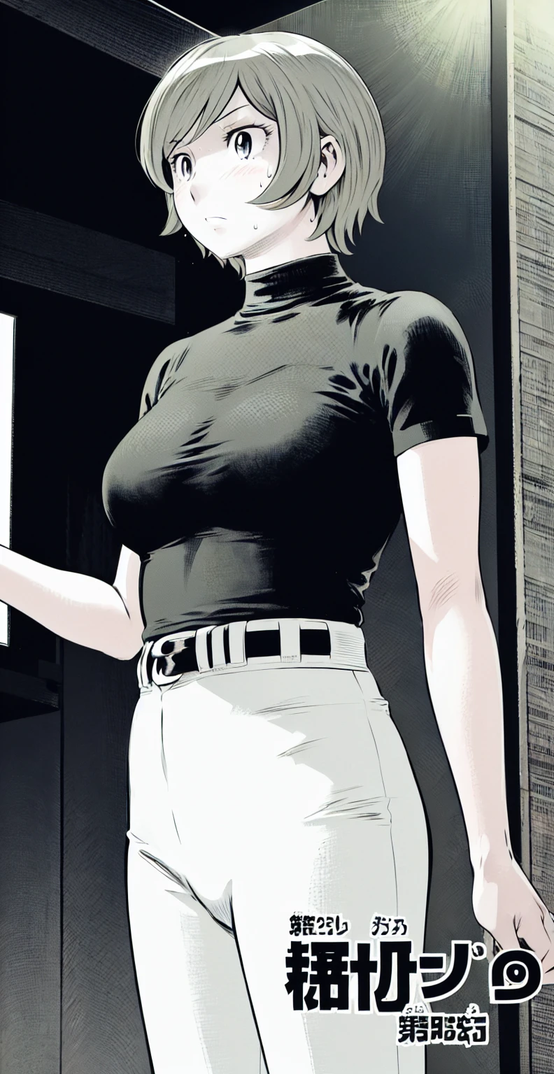 (野球uniform:1.2),
Blonde Hair, (short hair:1.2),Long sleeve, Black Shirt, turtleneck,White trousers、uniform、Black belt、((Illustration of people))、Big Boobs、
View Audience,, (Highest quality:1.3),One Girl, White pants、uniform、indoor、baseball 、White wall、blue eyes、Tight black shirt、(masterpiece、Highest quality)、Highest quality, Ultra-high resolution, (((masterpiece))), alone, Sweat、Big eyes、Big Breasts、One Girl, Front view、Embarrassed face、Bronze colored hair、((short hair))、Stand up straight、Cowboy Shot