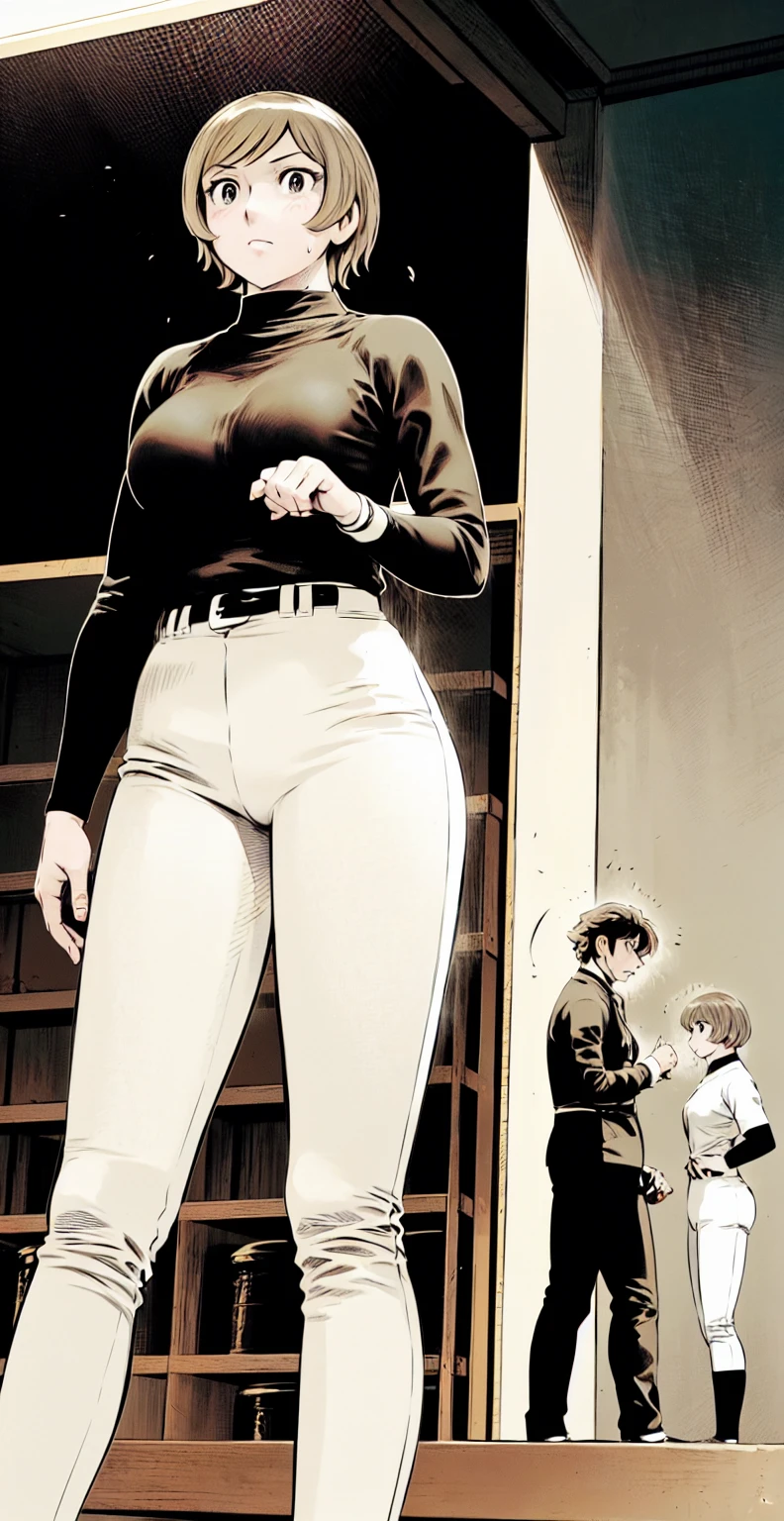 (野球uniform:1.2),
Blonde Hair, (short hair:1.2),Long sleeve, Black Shirt, turtleneck,White trousers、uniform、Black belt、((Illustration of people))、Big Boobs、
View Audience,, (Highest quality:1.3),One Girl, White pants、uniform、indoor、baseball 、White wall、blue eyes、Tight black shirt、(masterpiece、Highest quality)、Highest quality, Ultra-high resolution, (((masterpiece))), alone, Sweat、Big eyes、Big Breasts、One Girl, Front view、Embarrassed face、Bronze colored hair、((short hair))、Stand up straight、Cowboy Shot