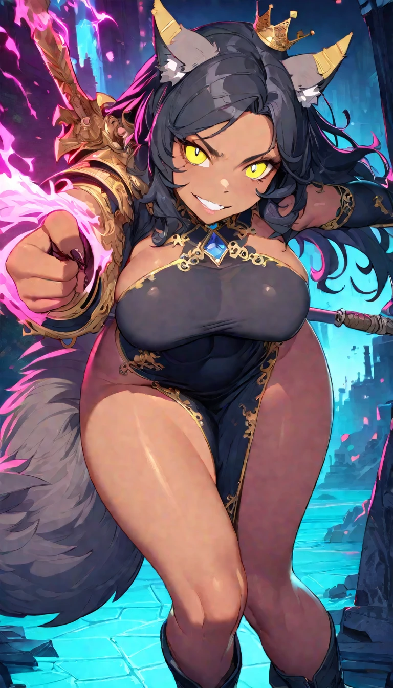 best quality,4k,8k, highres, masterpiece:1.2), ultra-detailed, extremely detailed eyes, extremely detailed body, (large masterpiece digital art), (detailed manga illustration), (detailed line art), ((perfect anatomy)), (intricate details:1.3), (ultra-detailed:1.3), (illustration:1.3), (sharp focus:1.3), (natural lighting:1.05), (vivid colors:1.3), (masterpiece), (best quality:1.4), (perfect anatomy:1.4), high quality, expressive eyes, full body, detailed face, beautiful face, perfect face, 1girl, ((dark skin)), animal ears, black sclera, smile, colored sclera, breasts, solo, monster girl, black hair, (wolf ears), large breasts, curvy, wide hips, long hair, ((gold eyes)), claws, grin, fur, looking at viewer, collar, ((dynamic action pose)), tail, wolf tail, dragon horns, wings, sadistic smile, hair over eye, {regal outfit}, tiny crown, blue fire, curvy, china dress, dark skin, cinematic lighting, dramatic atmosphere, Beautiful woman, dragon spear in hand, Jeff Bridges, ((cartoon style)), Marvel Cinematic Universe style, (((hell castle in the background))), soft bokeh of hellscape, Atey Ghailan, Jeremy Mann, Greg Manchess, Antonio Moro, trend in ArtStation, trend in CGSociety, Intricate, High Detail, Sharp focus, dramatic and photorealistic painting art by Midjourney and Greg Rutkowski,