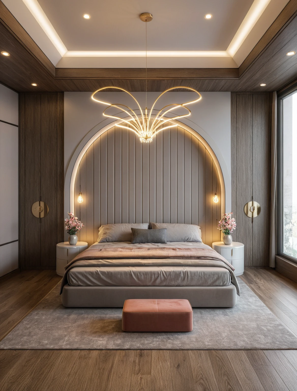 Raw photo,Masterpiece, high quality, best quality, authentic, super detail, interior, ((girl's bedroom)), ( style modern luxury), sunset, day light, bed, carpet, curves, bedside cabinets, wood floor ,wardrobe, led, flower vase, butterfly chandelier , windows, downlight, tone gray