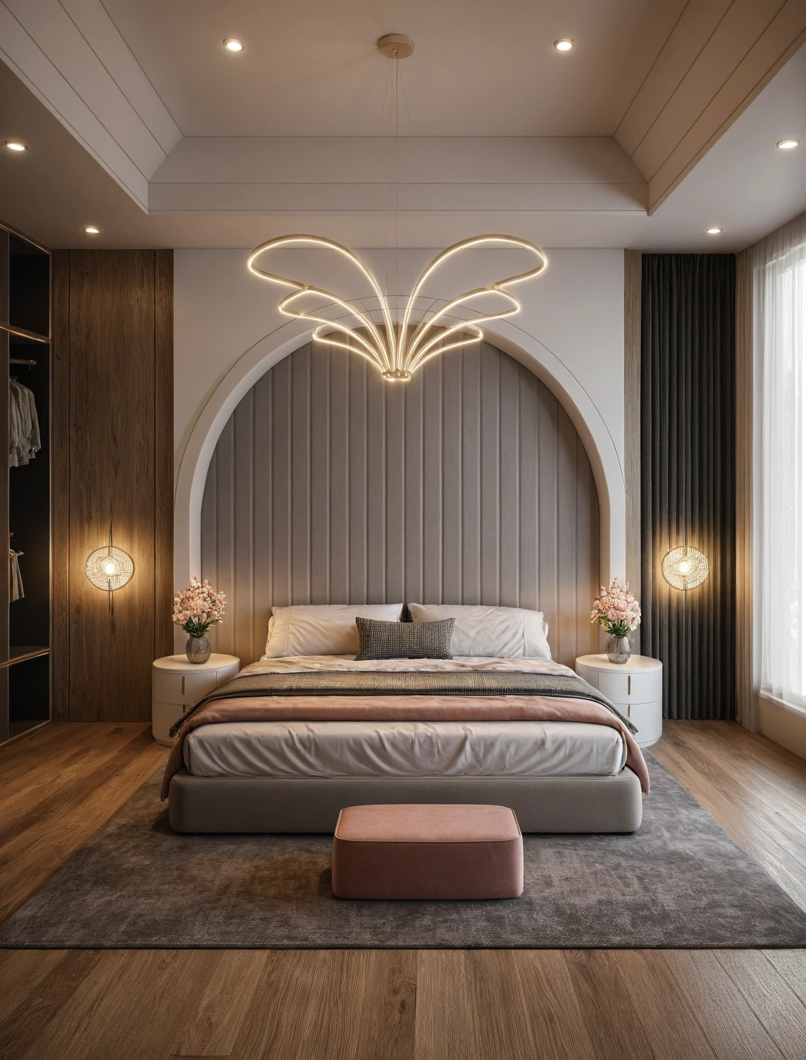 Raw photo,Masterpiece, high quality, best quality, authentic, super detail, interior, ((girl's bedroom)), ( style modern luxury), sunset, day light, bed, carpet, curves, bedside cabinets, wood floor ,wardrobe, led, flower vase, butterfly chandelier , windows, downlight, tone gray