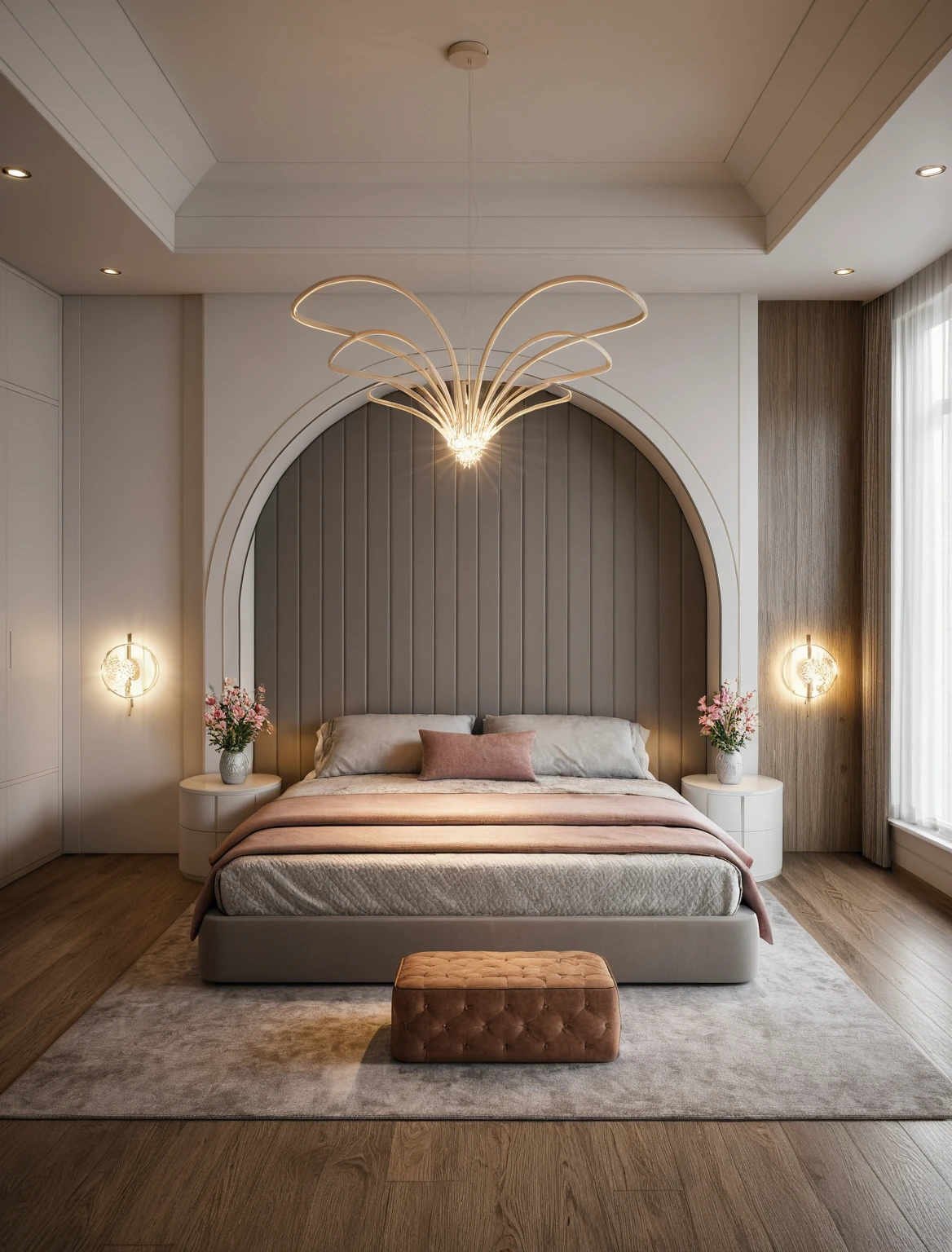 Raw photo,Masterpiece, high quality, best quality, authentic, super detail, interior, ((girl's bedroom)), ( style modern luxury), sunset, day light, bed, carpet, curves, bedside cabinets, wood floor ,wardrobe, led, flower vase, butterfly chandelier , windows, downlight, tone gray