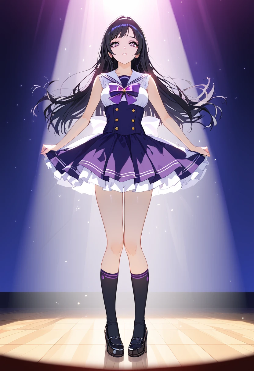 Idol Stage, Idol Dress, beautiful, Very detailed, masterpiece, Highest quality, Tyndall effect, light, Stage lighting, Long black hair high school girl、Purple eyes、Sailor suit, Knee socks, on stage, look up, Light Scattering, Volumetric lighting, Spotlight, light, atmosphere, Octane Rendering, 8K