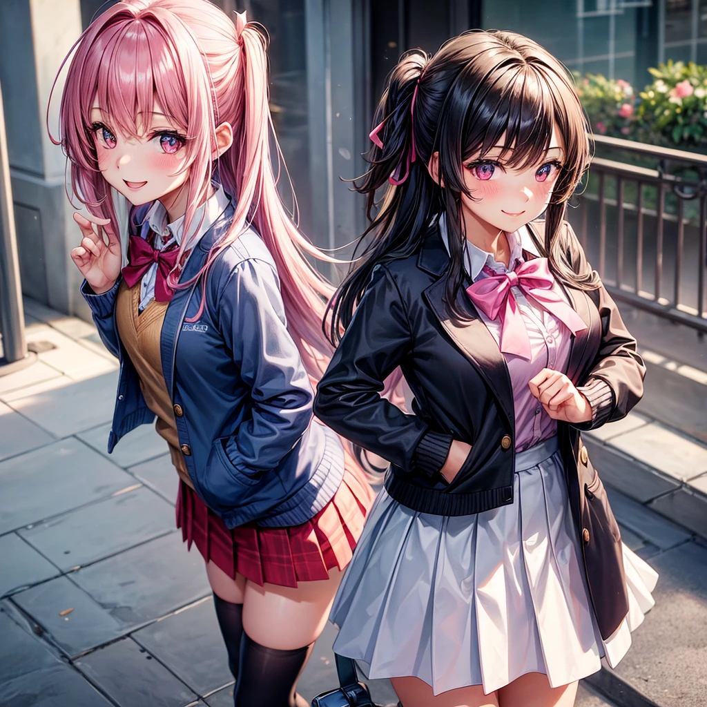 best quality,8K,smile,cardigan,Girls hugging each other,Evolution Fashion,future fashion,blazer,ribbon on uniform,mini skirt,high school girl,multiple girls are depicted,harem,idol group,photo shoot,long hair,wearing a cardigan,highest quality,big breasts,happy girl,horny girl,pink eyes,perfect face,standing position,I have my hands in my pockets,letting down one's Bangs,beautiful eyes,gym,girls hugging each other,smooth hair,multicolored hair colors,naughty girl,School,beautiful girl,beautiful girl,loose socks