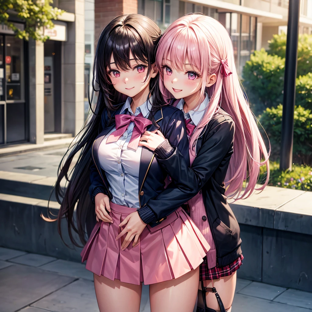 best quality,8K,smile,cardigan,Girls hugging each other,Evolution Fashion,future fashion,blazer,ribbon on uniform,mini skirt,high school girl,multiple girls are depicted,harem,idol group,photo shoot,long hair,wearing a cardigan,highest quality,big breasts,happy girl,horny girl,pink eyes,perfect face,standing position,I have my hands in my pockets,letting down one's Bangs,beautiful eyes,gym,girls hugging each other,smooth hair,multicolored hair colors,naughty girl,School,beautiful girl,beautiful girl,loose socks