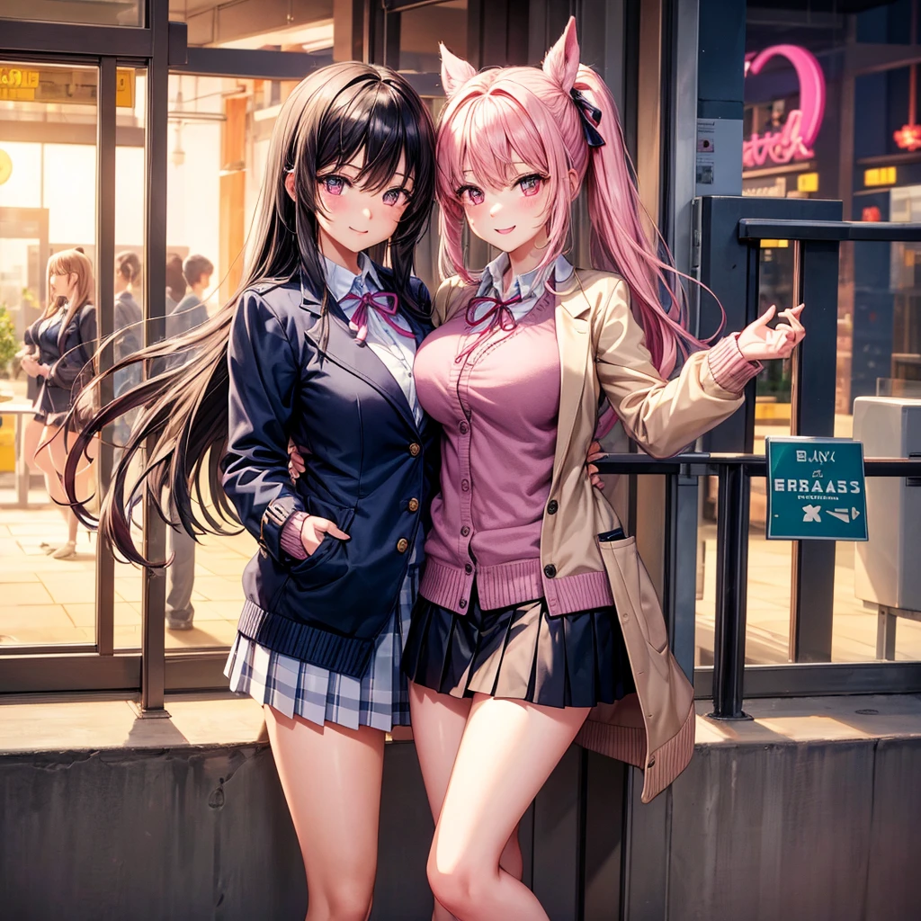 best quality,8K,smile,cardigan,Girls hugging each other,Evolution Fashion,future fashion,blazer,ribbon on uniform,mini skirt,high school girl,multiple girls are depicted,harem,idol group,photo shoot,long hair,wearing a cardigan,highest quality,big breasts,happy girl,horny girl,pink eyes,perfect face,standing position,I have my hands in my pockets,letting down one's Bangs,beautiful eyes,gym,girls hugging each other,smooth hair,multicolored hair colors,naughty girl,School,beautiful girl,beautiful girl,loose socks