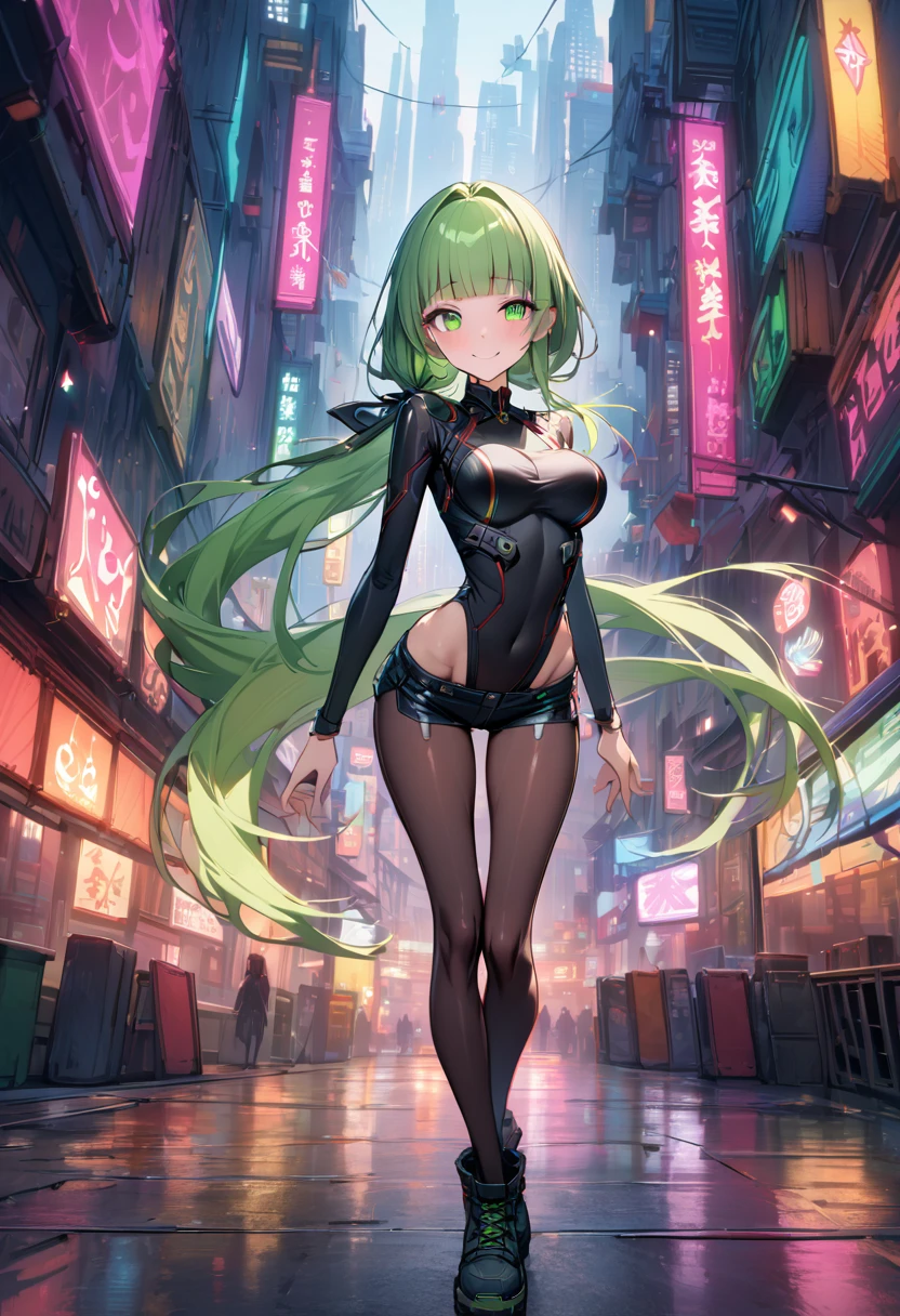 (((masterpiece,Highest quality:1.3))),cowboy shot,1woman,30 year old beauty,Investigator、独奏,((very small head:1.3)),green hair,(low ponytail),long hair,blunt bangs,green eyes,gorgeous eyes,shy,Heavy breathing、medium breasts,((very long body:1.2)),((toned body,slender body,skinny)),gleaming skin,shiny skin,((Black leather high leg bodysuit、Long sleeve,Micro Shorts)),barefoot、(Black leather combat boots)、Wet crotch、kneeling,Dark back alley、Metropolis、cyber punk、World of Blade Runner、