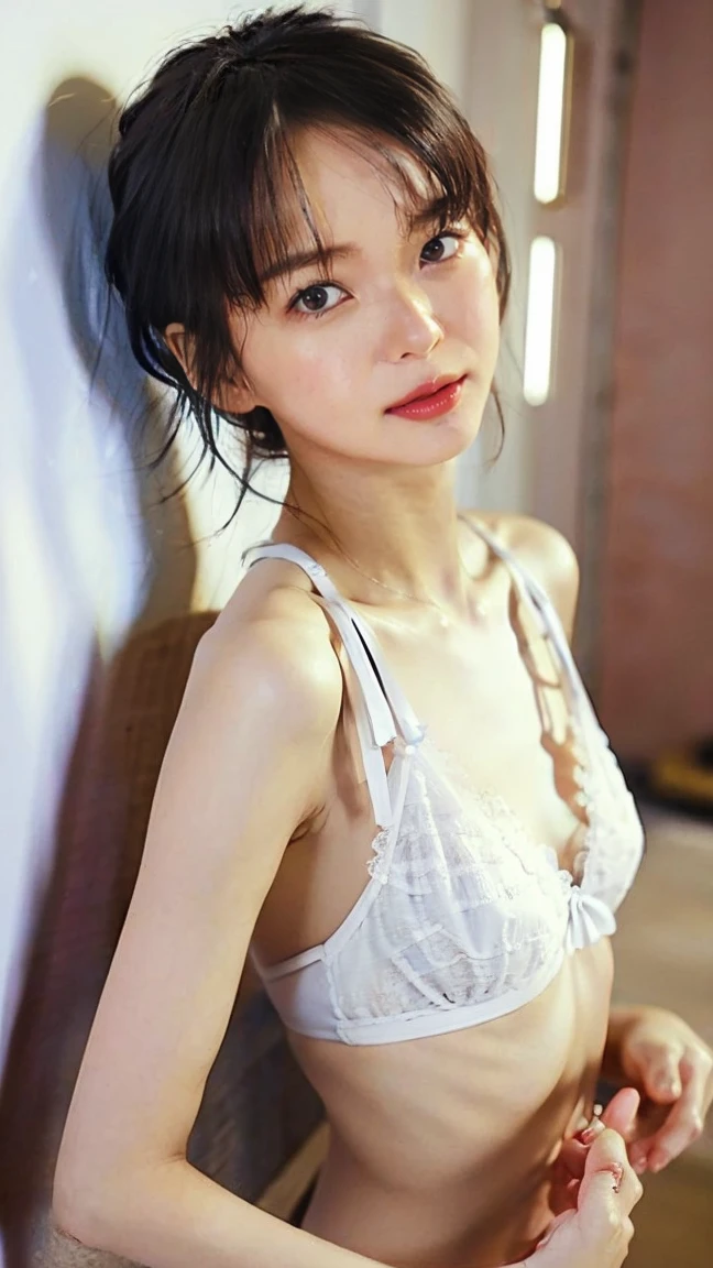 (8k、RAW Photos、highest quality、masterpiece:1.2)、(Realistic、Realistic)、1 Japanese girl、(Short hair)、((Black Hair))、((White Lingerie))、((Petite Woman))、(((Small Breasts)))、Lots of eyelashes、Glowing eyelids、skeletally correct