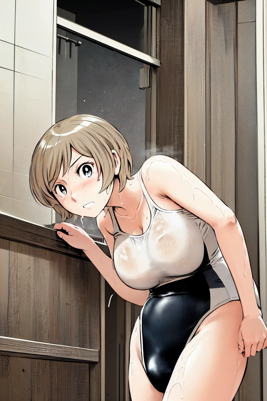 Blonde, (short hair:1.2)、((Illustration of a person))、Big Breasts、
View your viewers,, (Highest quality:1.3),blue eye star piece、Highest quality)、Highest quality, Ultra-high resolution, (((masterpiece))), alone, Sweat、Big eyes、Big Breasts、One Girl, Front view、Embarrassed face、Bronze colored hair、((short hair))、One Girl, alone, blush, Big Breasts,
Bare arms, Wet, Pool, 青いSchool Swimsuit, Thighs, Place your arms at your sides, Bare arms, Cowboy Shot, Are standing, School Swimsuit,bite、High Leg、mansuji、Boobs exposed、Nipples、Shoulder straps fall、One side off-shoulder、Breast Exposure、Happenings