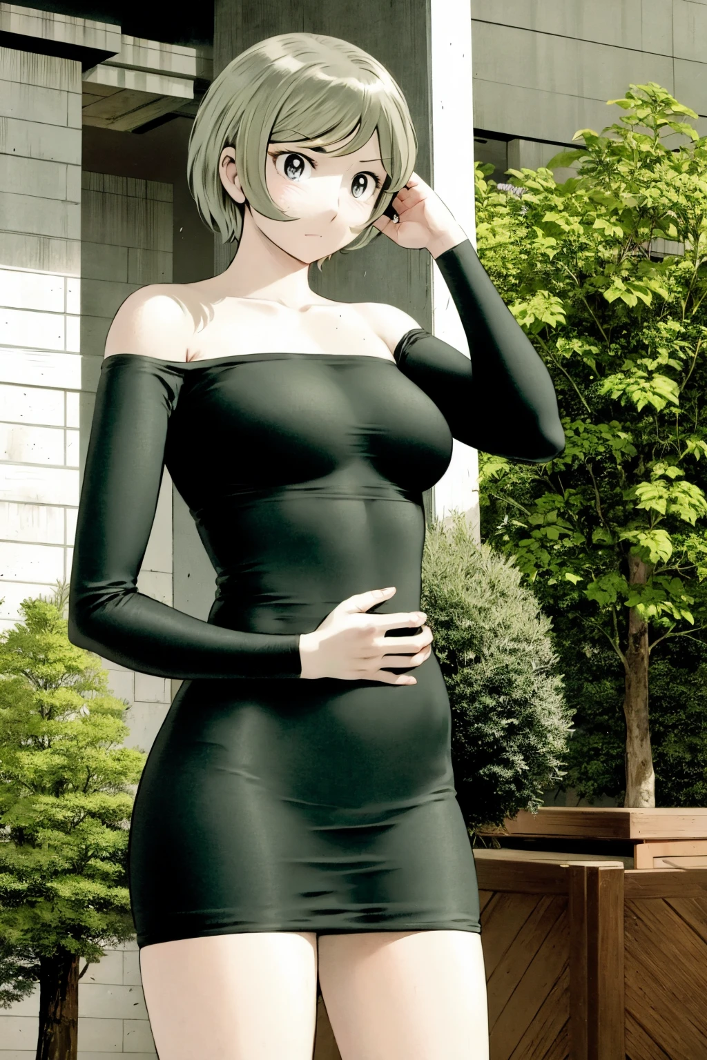 、(masterpiece、Highest quality)、Highest quality, Ultra-high resolution, (((masterpiece))), alone, Sweat、Big eyes, Please show me your armpits, No sleeve、Outdoor、Floral dress、Composition from the front、(Cut the back hair short、short hair、blonde、woman)、Shortcuts、Embarrassed face、Cut your hair short、可愛いwomanの子、Big Breasts