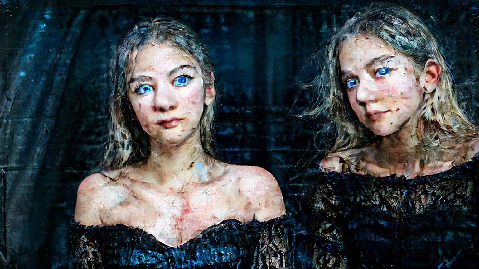 (a European girl touching her hair, blue eyes, short black transparent nightgown, skinny, showing cleavage, silver blonde hair, pale face), meadow, (a mansion behind her: 1.3), (night time: 1.4), (dim moonlight:1.2), dark environment, windy, high quality photo, photo realistic, extremely detailed, highly detailed face, ultra HD, realistic film shader