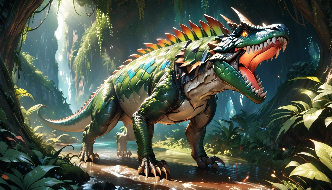cute pink diatryma gigantean, 1 dinoaur, mythological creature, fantasy art, detailed scales, sharp teeth, claws, spikes, vibrant colors, glowing eyes, dynamic pose, natural environment, lush foliage, sunlight, photorealistic, 8k, high resolution, intricate details, digital painting, concept art