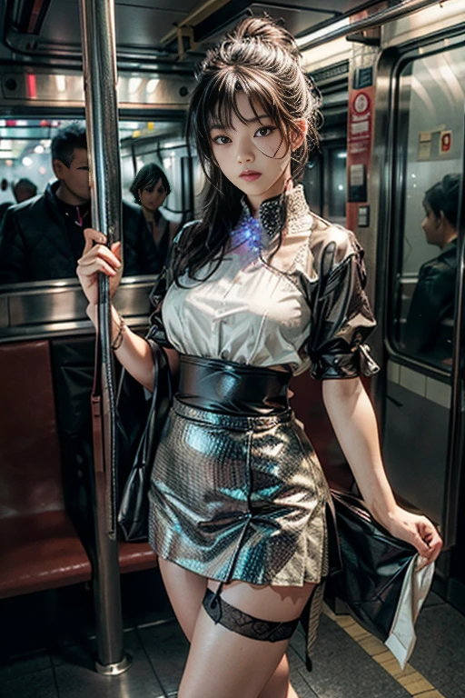 The lower part of the body wears a very short, low-waisted skirt,Attractive woman、The transparent white shirt on the upper body is elegantly draped over her curved figure.,(ultra low waist)、She is standing and coquettishly looking inside the subway train。、bathed in the soft moonlight、The scene is、With a mysterious and sexy touch.、Exudes an ethereal dreamlike atmosphere.。The lights are full of soft moonlight.、casting soft reflections and shadows on her charming features。(Translucent camisa blanca、black garter stockings with flower lace、long legs)、Wear a skirt fitted to the hips、Short skirt with low waist、black high heels、big breasts、narrow waist, long legs、perspiring、Three-dimensional facial features.、4k、8k、raw photography、Best Quality、(long black hair、head rope)、A high resolution、High quality photos、thoughtful expression、Melancholica、Bowled over、bites his lips、she is shy、(Wear a skirt with a high slit、open waist、bare back、tight black mini skirt、gripper)、Look towards the camera、((full view of her thighs and genital area))